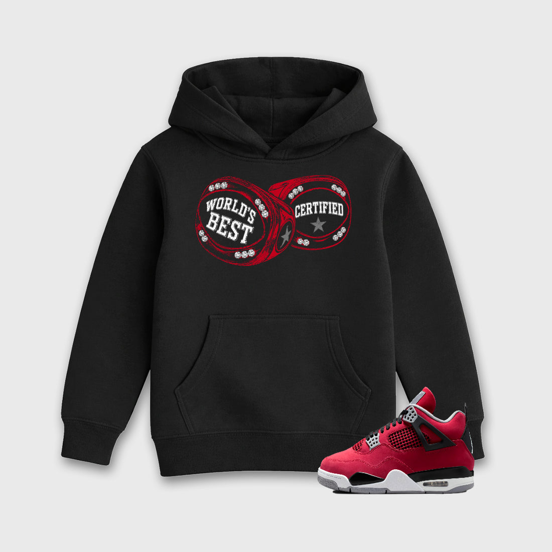 World's Best Certified affordable baby and kids t-shirt designed to match the Air Jordan 12 Retro Bloodline, featuring coordinated Black 1 options for the perfect little sneakerhead streetwear look.