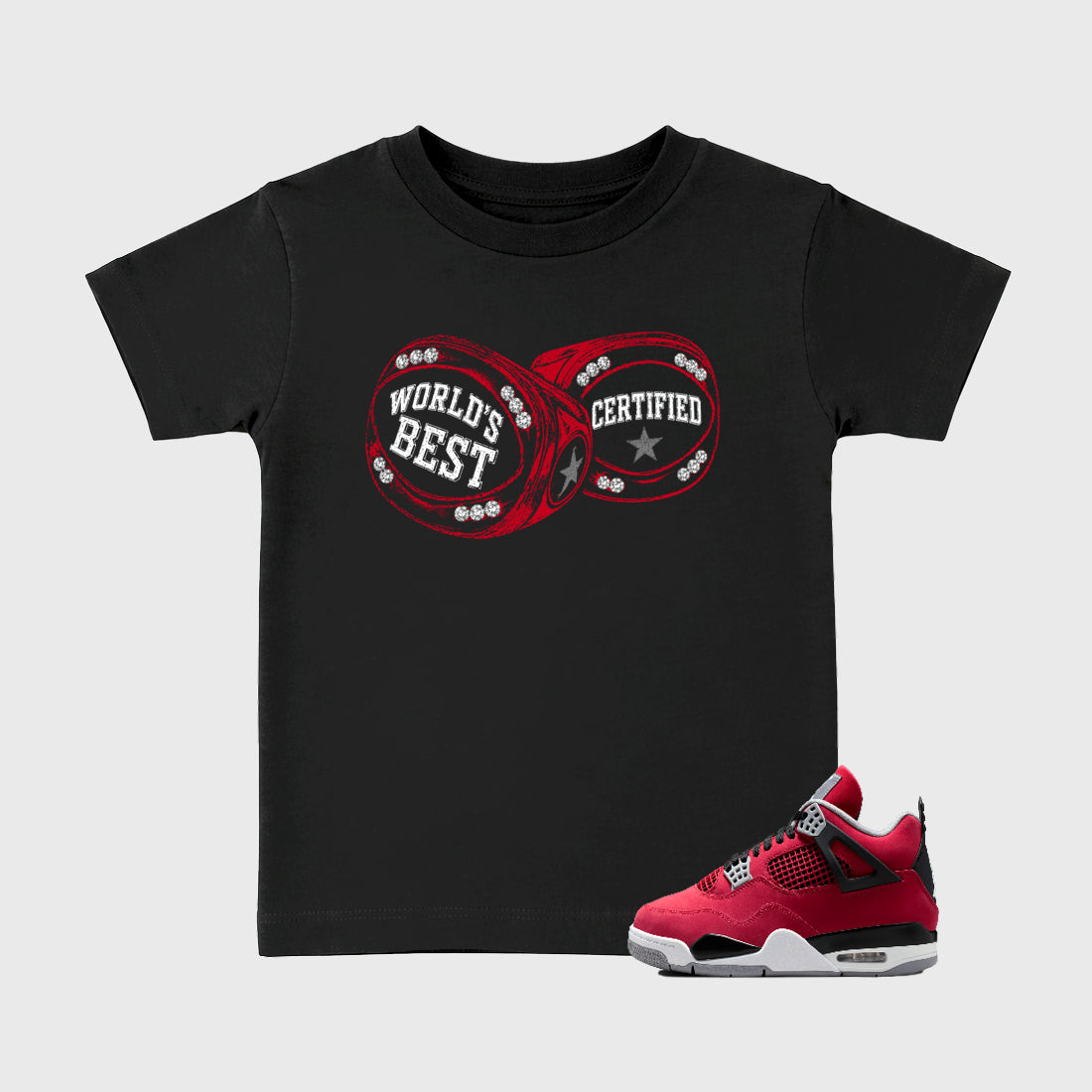 World's Best Certified affordable baby and kids t-shirt designed to match the Air Jordan 12 Retro Bloodline, featuring coordinated Black 1 options for the perfect little sneakerhead streetwear look.