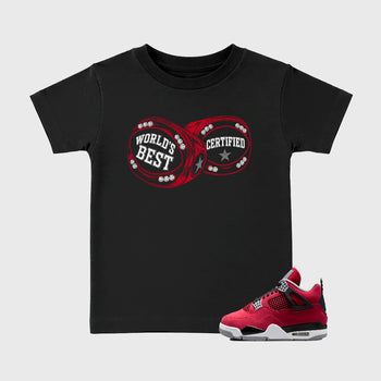 World's Best Certified affordable baby and kids t-shirt designed to match the Air Jordan 12 Retro Bloodline, featuring coordinated Black 1 options for the perfect little sneakerhead streetwear look.