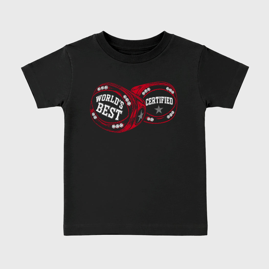 World's Best Certified affordable baby and kids t-shirt designed to match the Air Jordan 12 Retro Bloodline, featuring coordinated Black 2 options for the perfect little sneakerhead streetwear look.