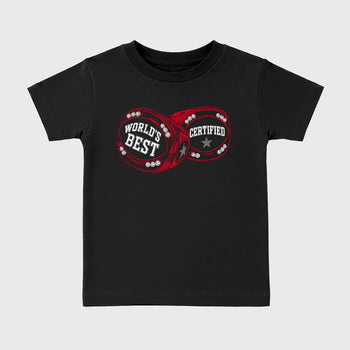 World's Best Certified affordable baby and kids t-shirt designed to match the Air Jordan 12 Retro Bloodline, featuring coordinated Black 2 options for the perfect little sneakerhead streetwear look.