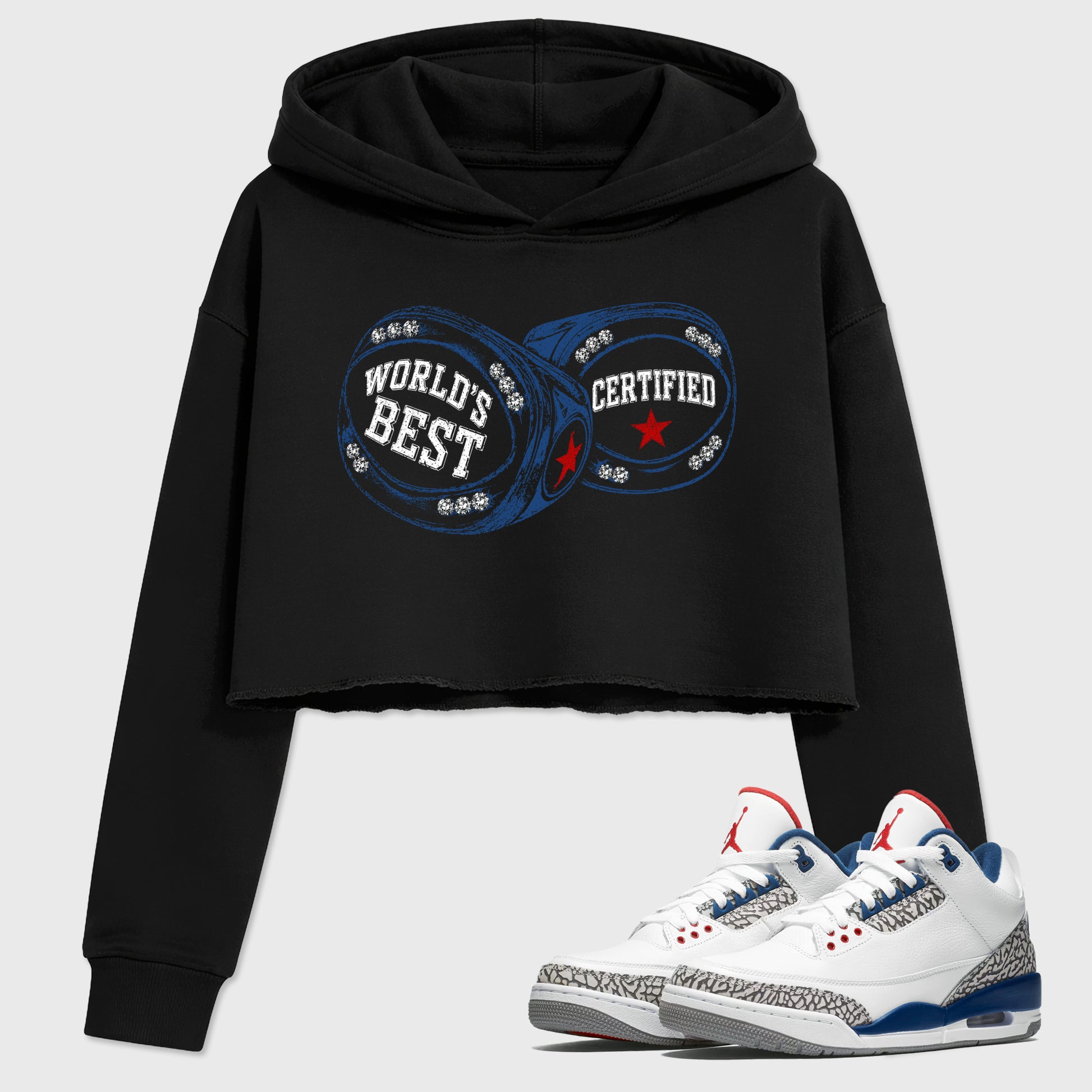 World's Best Certified women’s crop tee designed to match the Air Jordan 3 True Blue, featuring coordinated Black 1 options for a perfect streetwear vibe.