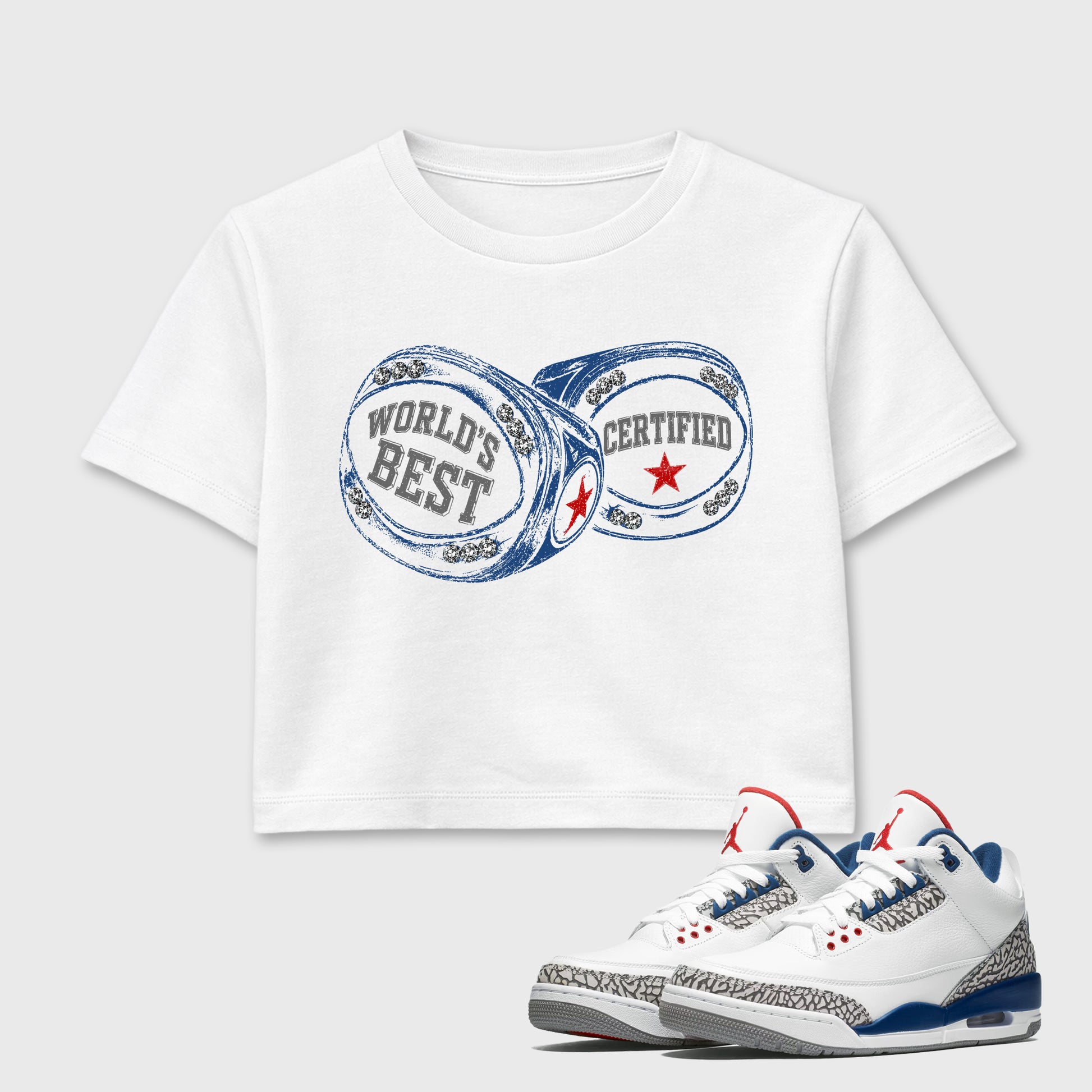 World's Best Certified women’s crop tee designed to match the Air Jordan 3 True Blue, featuring coordinated White 1 options for a perfect streetwear vibe.