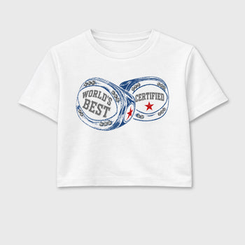 World's Best Certified women’s crop tee designed to match the Air Jordan 3 True Blue, featuring coordinated White 2 options for a perfect streetwear vibe.