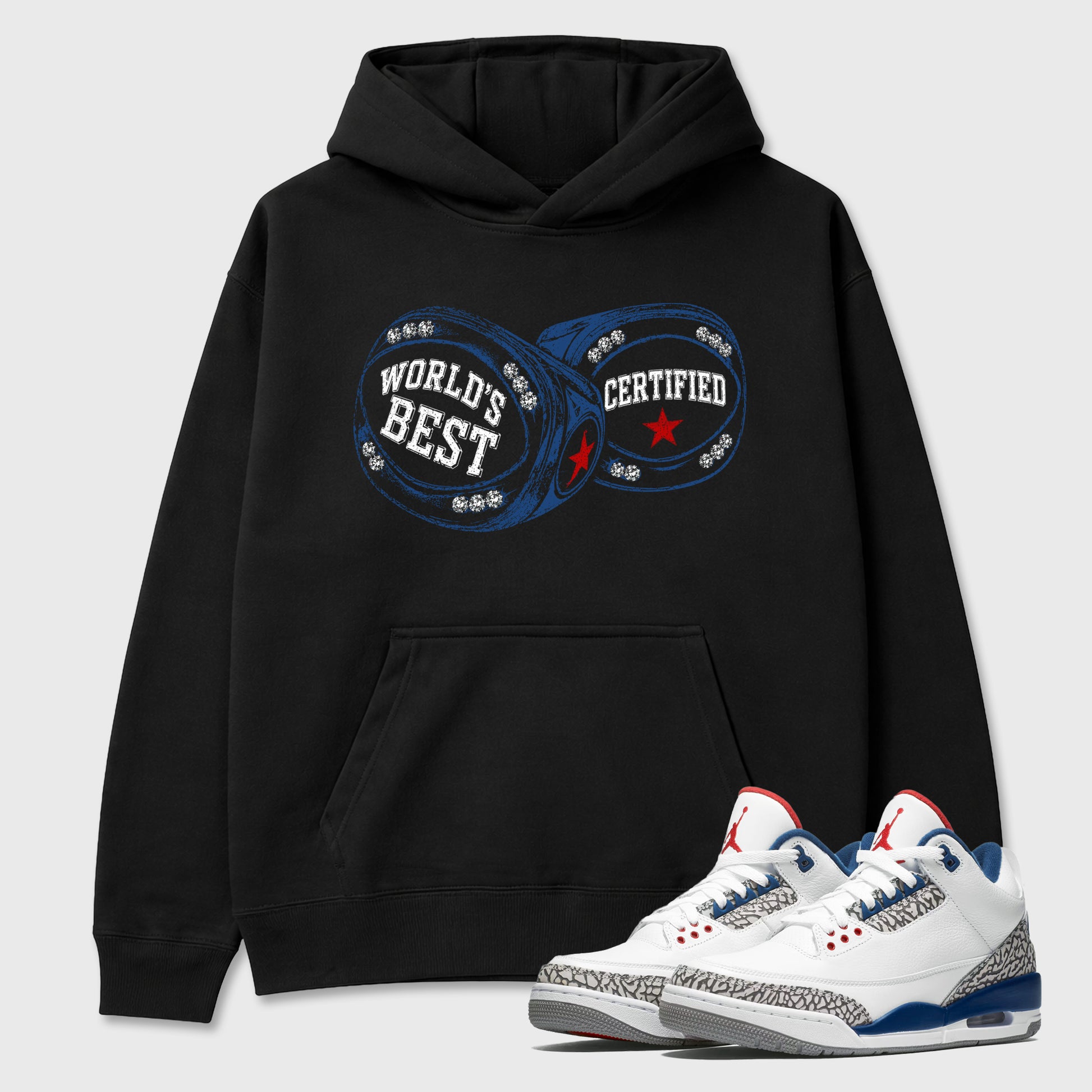 World's Best Certified Graphic T-Shirt sneaker match tee designed for the Air Jordan 3 True Blue, featuring coordinated color options for a perfect streetwear match. Black 1 shirt.