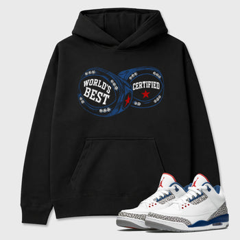 World's Best Certified Graphic T-Shirt sneaker match tee designed for the Air Jordan 3 True Blue, featuring coordinated color options for a perfect streetwear match. Black 1 shirt.