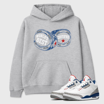 World's Best Certified Graphic T-Shirt sneaker match tee designed for the Air Jordan 3 True Blue, featuring coordinated color options for a perfect streetwear match. Heather Grey 1 shirt.