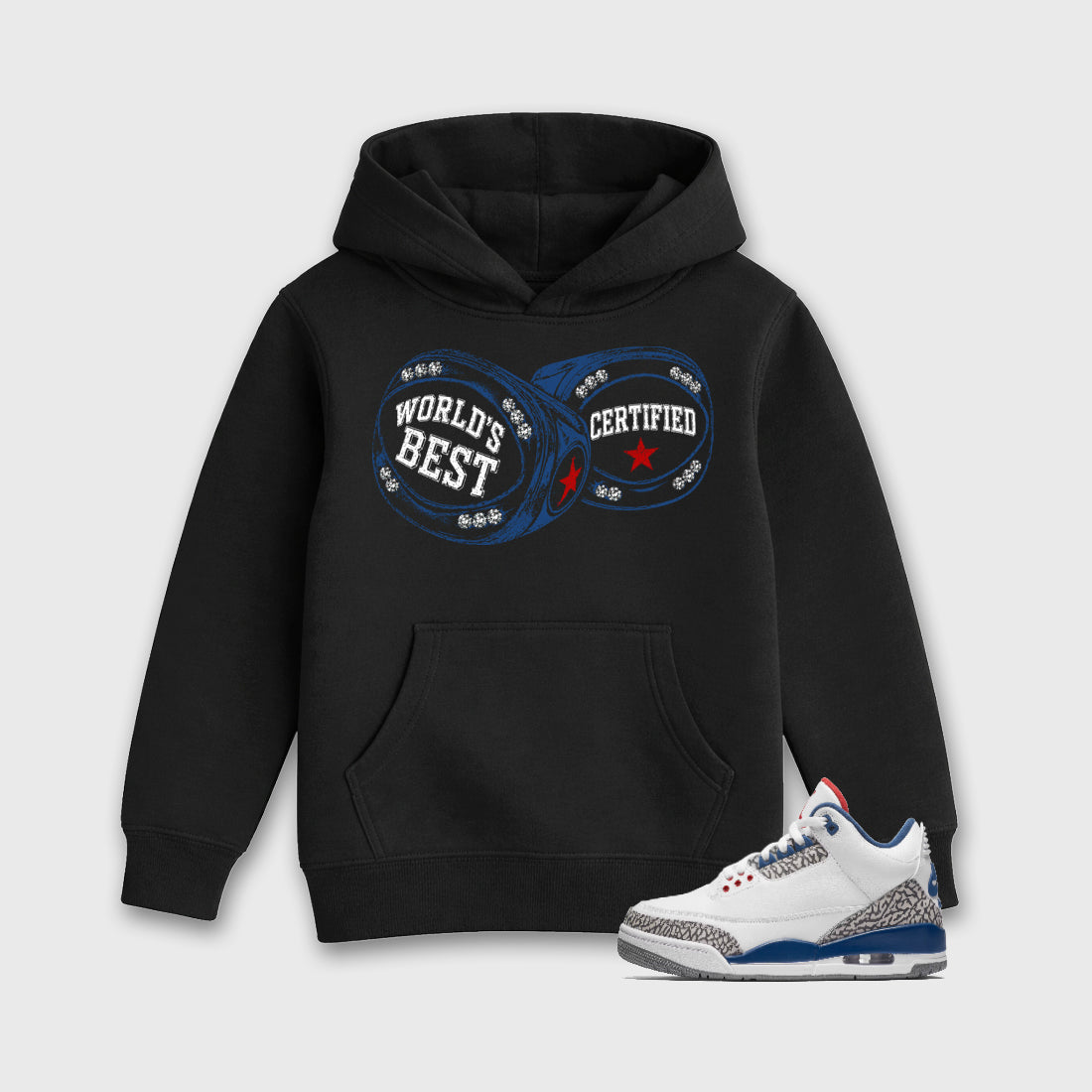 World's Best Certified affordable baby and kids t-shirt designed to match the Air Jordan 3 True Blue, featuring coordinated Black 1 options for the perfect little sneakerhead streetwear look.