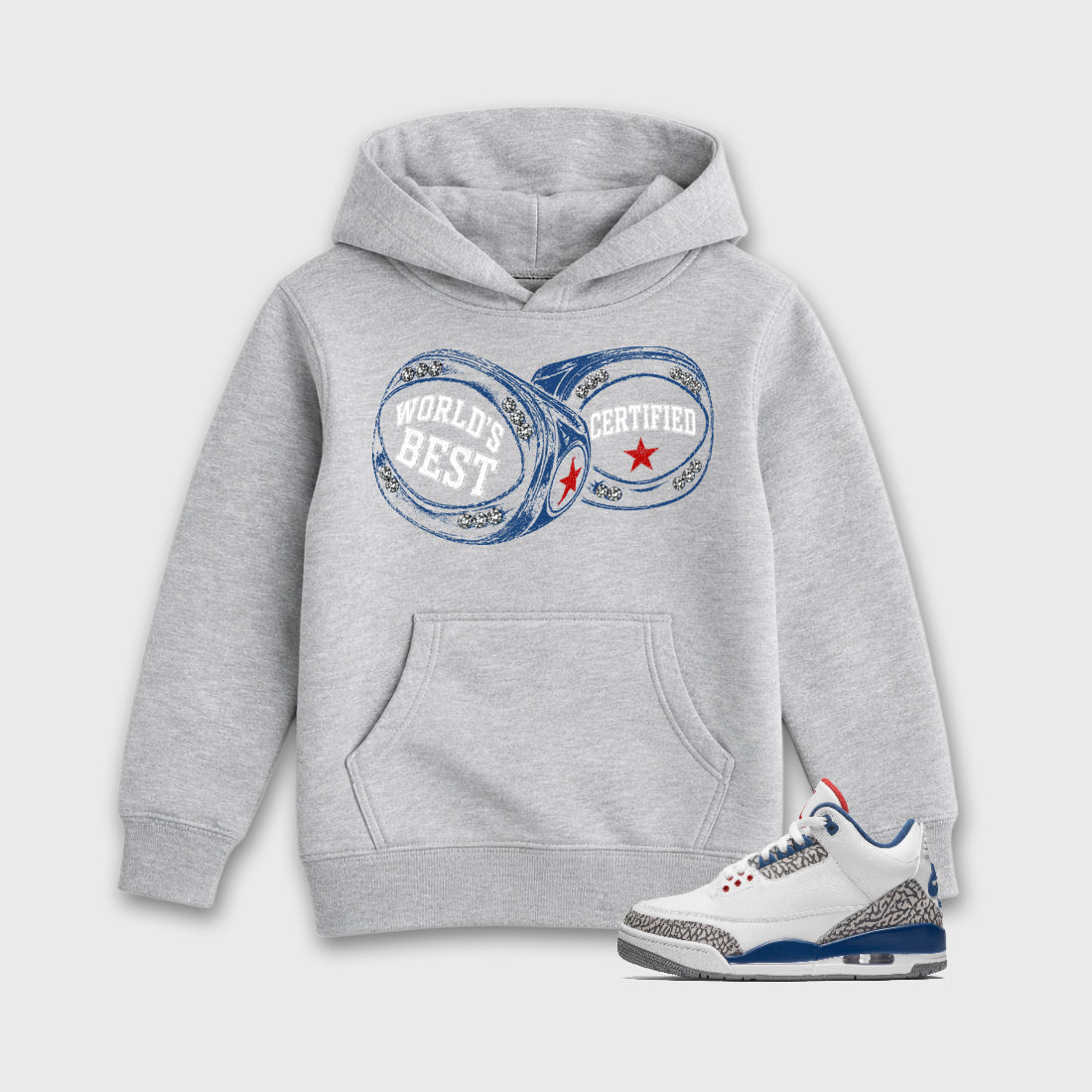 World's Best Certified affordable baby and kids t-shirt designed to match the Air Jordan 3 True Blue, featuring coordinated Heather Grey 1 options for the perfect little sneakerhead streetwear look.