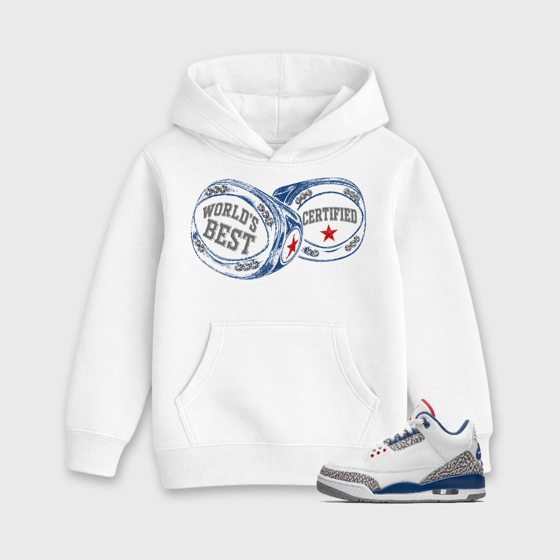 World's Best Certified affordable baby and kids t-shirt designed to match the Air Jordan 3 True Blue, featuring coordinated White 1 options for the perfect little sneakerhead streetwear look.
