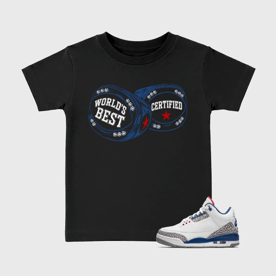 World's Best Certified affordable baby and kids t-shirt designed to match the Air Jordan 3 True Blue, featuring coordinated Black 1 options for the perfect little sneakerhead streetwear look.