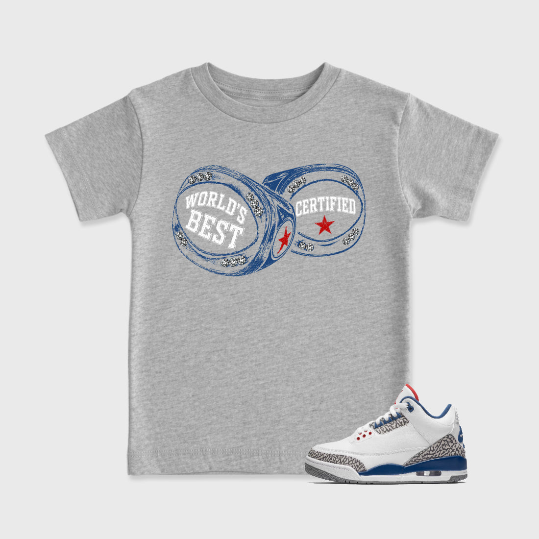 World's Best Certified affordable baby and kids t-shirt designed to match the Air Jordan 3 True Blue, featuring coordinated Heather Grey 1 options for the perfect little sneakerhead streetwear look.