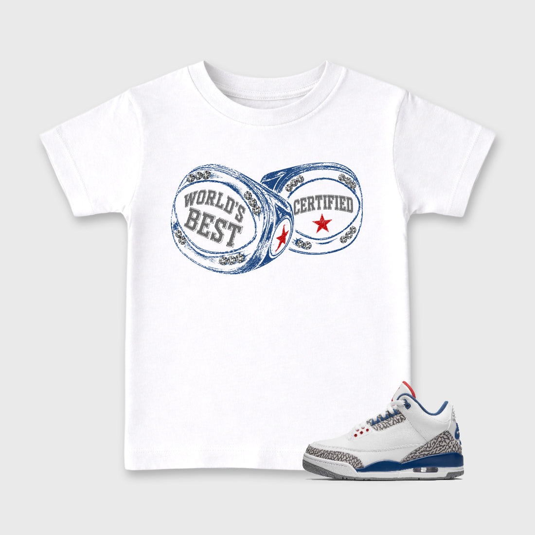 World's Best Certified affordable baby and kids t-shirt designed to match the Air Jordan 3 True Blue, featuring coordinated White 1 options for the perfect little sneakerhead streetwear look.