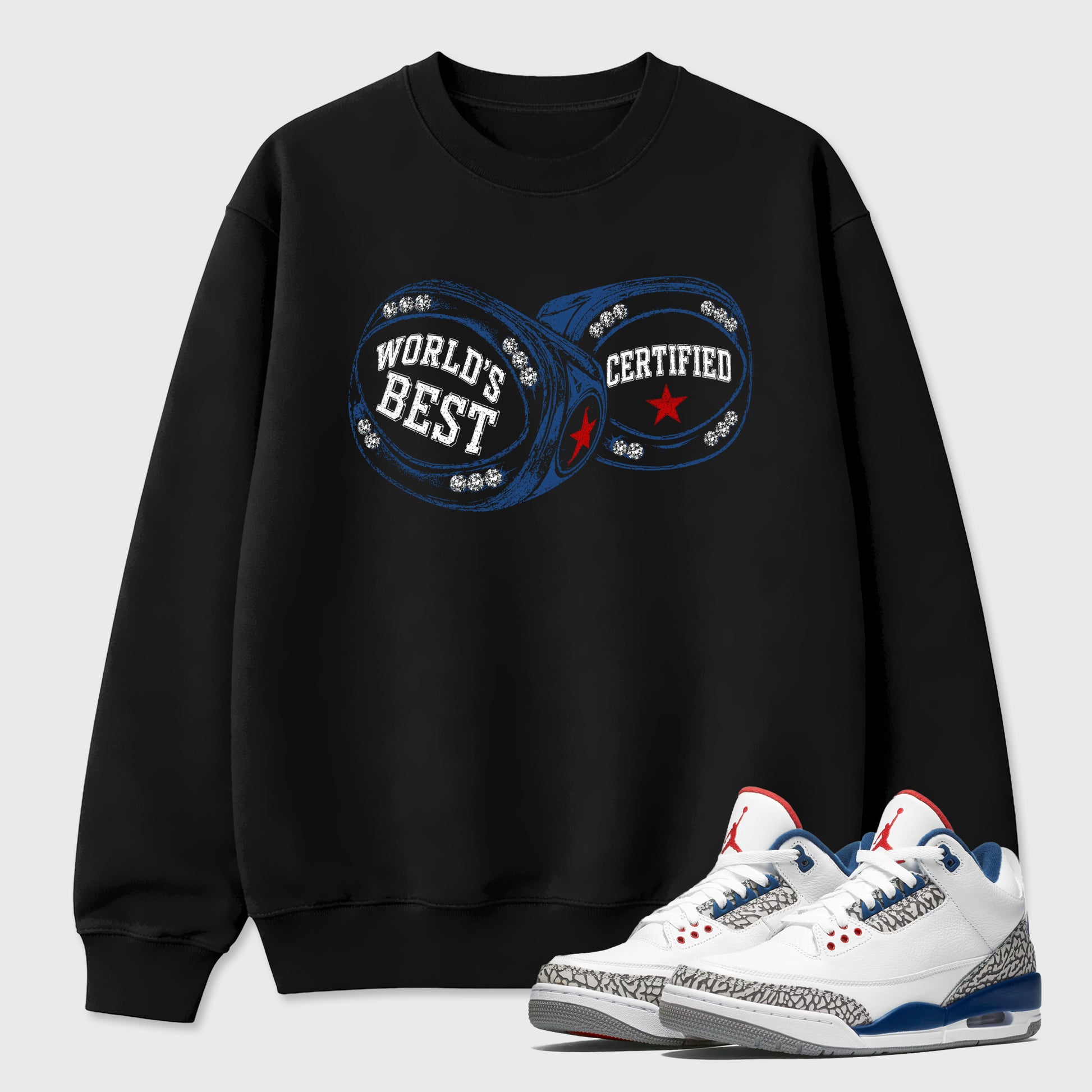 World's Best Certified Graphic T-Shirt sneaker match tee designed for the Air Jordan 3 True Blue, featuring coordinated color options for a perfect streetwear match. Black 1 shirt.