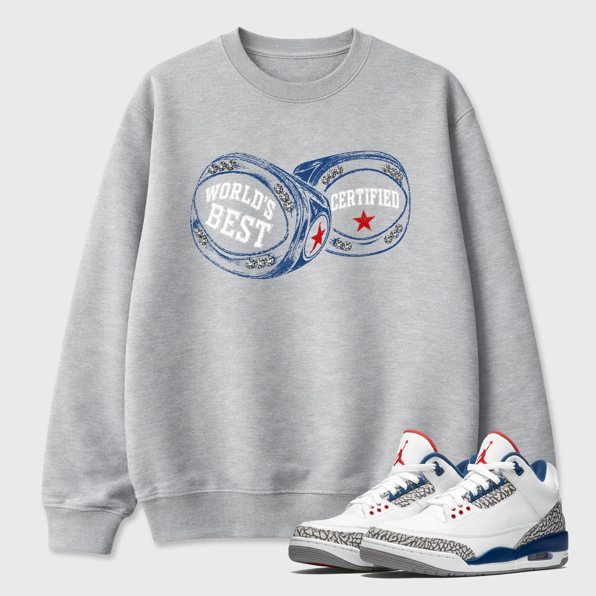 World's Best Certified Graphic T-Shirt sneaker match tee designed for the Air Jordan 3 True Blue, featuring coordinated color options for a perfect streetwear match. Heather Grey 1 shirt.