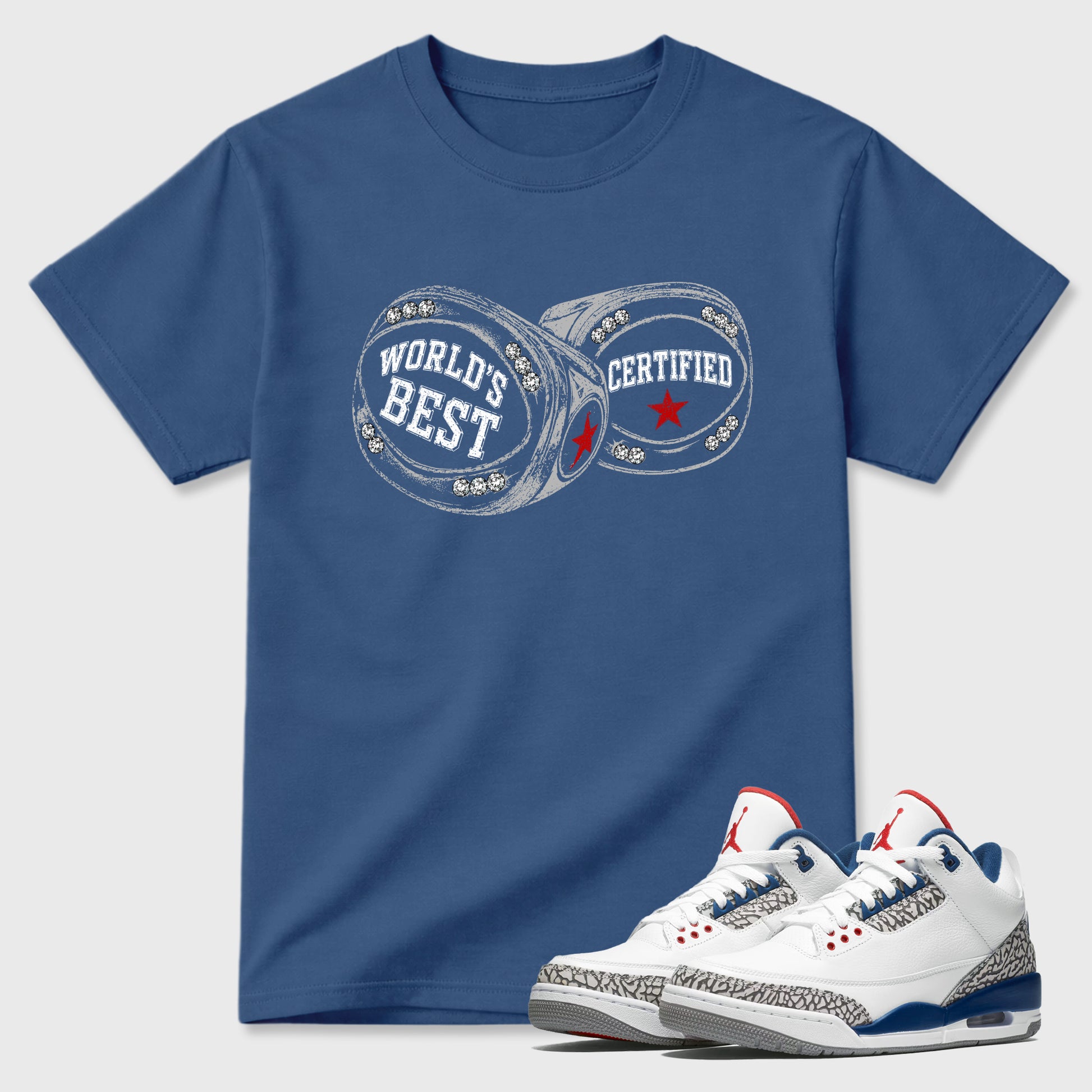World's Best Certified Graphic T-Shirt sneaker match tee designed for the Air Jordan 3 True Blue, featuring coordinated color options for a perfect streetwear match. Denim Blue 1 shirt.