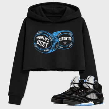 World's Best Certified women’s crop tee designed to match the Air Jordan 5 Black Carolina, featuring coordinated Black 1 options for a perfect streetwear vibe.