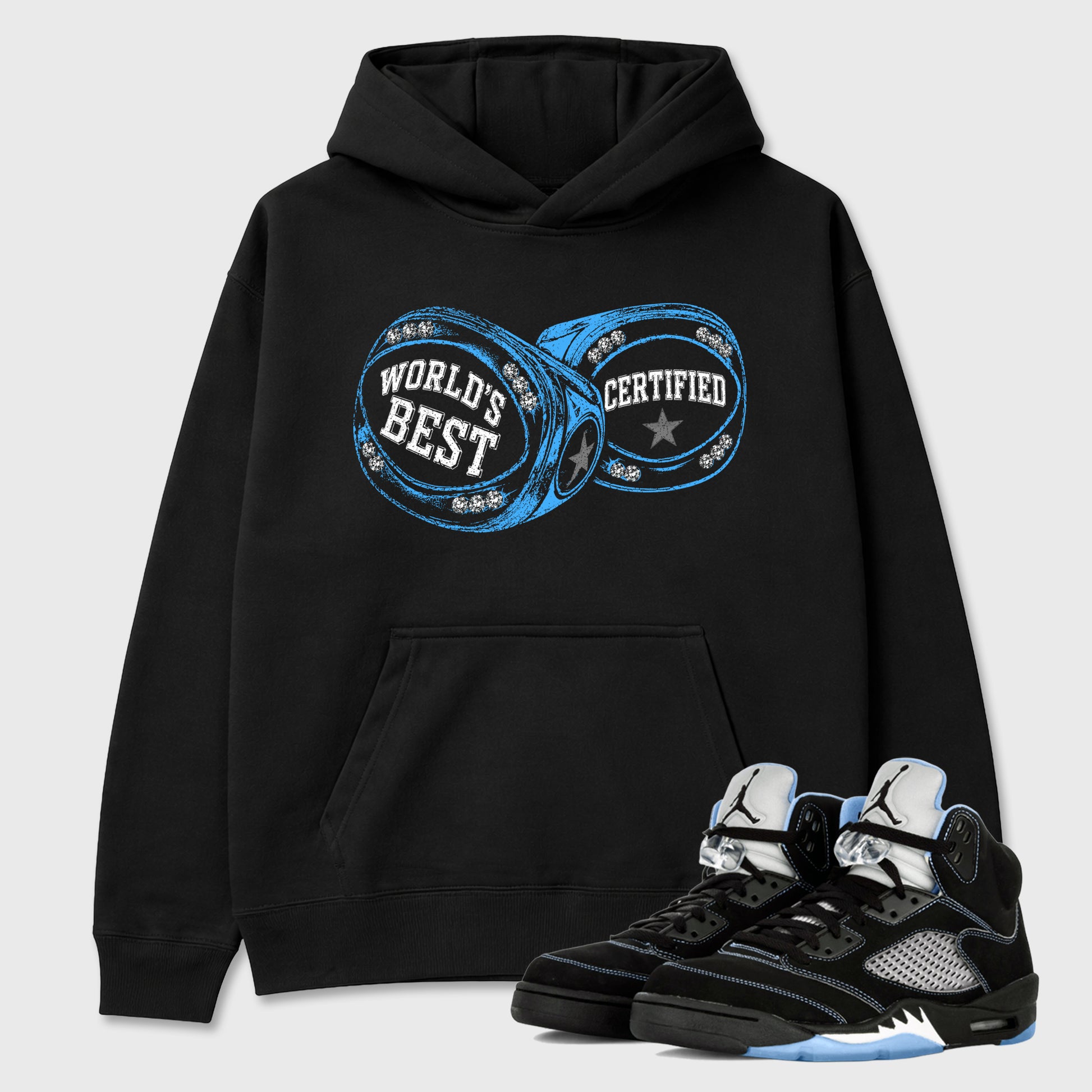 World's Best Certified Graphic T-Shirt sneaker match tee designed for the Air Jordan 5 Black Carolina, featuring coordinated color options for a perfect streetwear match. Black 1 shirt.