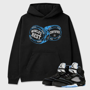 World's Best Certified Graphic T-Shirt sneaker match tee designed for the Air Jordan 5 Black Carolina, featuring coordinated color options for a perfect streetwear match. Black 1 shirt.
