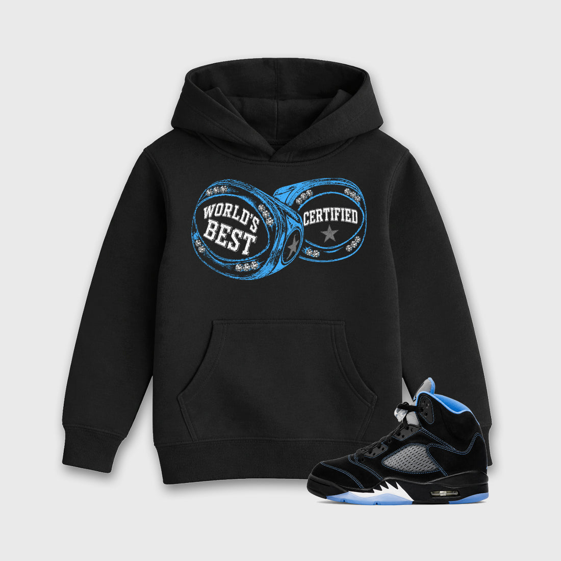 World's Best Certified affordable baby and kids t-shirt designed to match the Air Jordan 5 Black Carolina, featuring coordinated Black 1 options for the perfect little sneakerhead streetwear look.