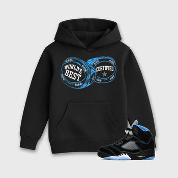 World's Best Certified affordable baby and kids t-shirt designed to match the Air Jordan 5 Black Carolina, featuring coordinated Black 1 options for the perfect little sneakerhead streetwear look.