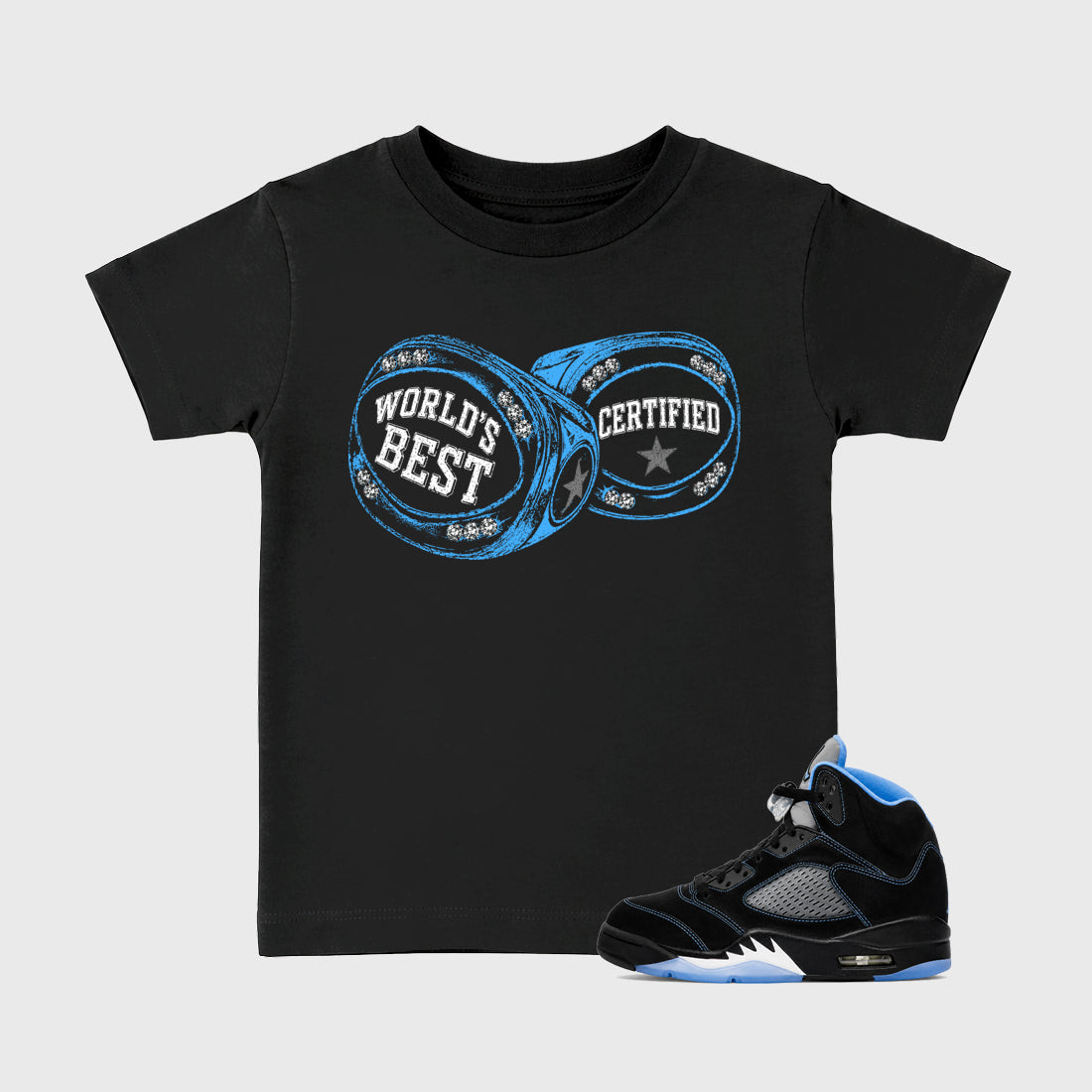 World's Best Certified affordable baby and kids t-shirt designed to match the Air Jordan 5 Black Carolina, featuring coordinated Black 1 options for the perfect little sneakerhead streetwear look.