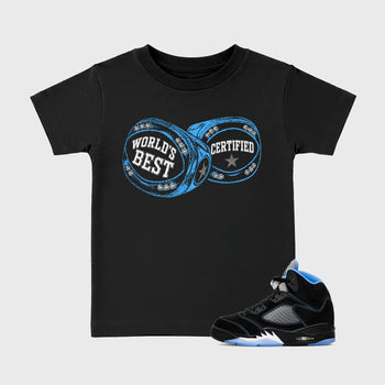 World's Best Certified affordable baby and kids t-shirt designed to match the Air Jordan 5 Black Carolina, featuring coordinated Black 1 options for the perfect little sneakerhead streetwear look.