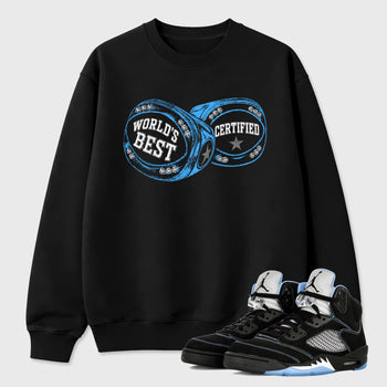 World's Best Certified Graphic T-Shirt sneaker match tee designed for the Air Jordan 5 Black Carolina, featuring coordinated color options for a perfect streetwear match. Black 1 shirt.