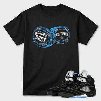 World's Best Certified Graphic T-Shirt sneaker match tee designed for the Air Jordan 5 Black Carolina, featuring coordinated color options for a perfect streetwear match. Black 1 shirt.