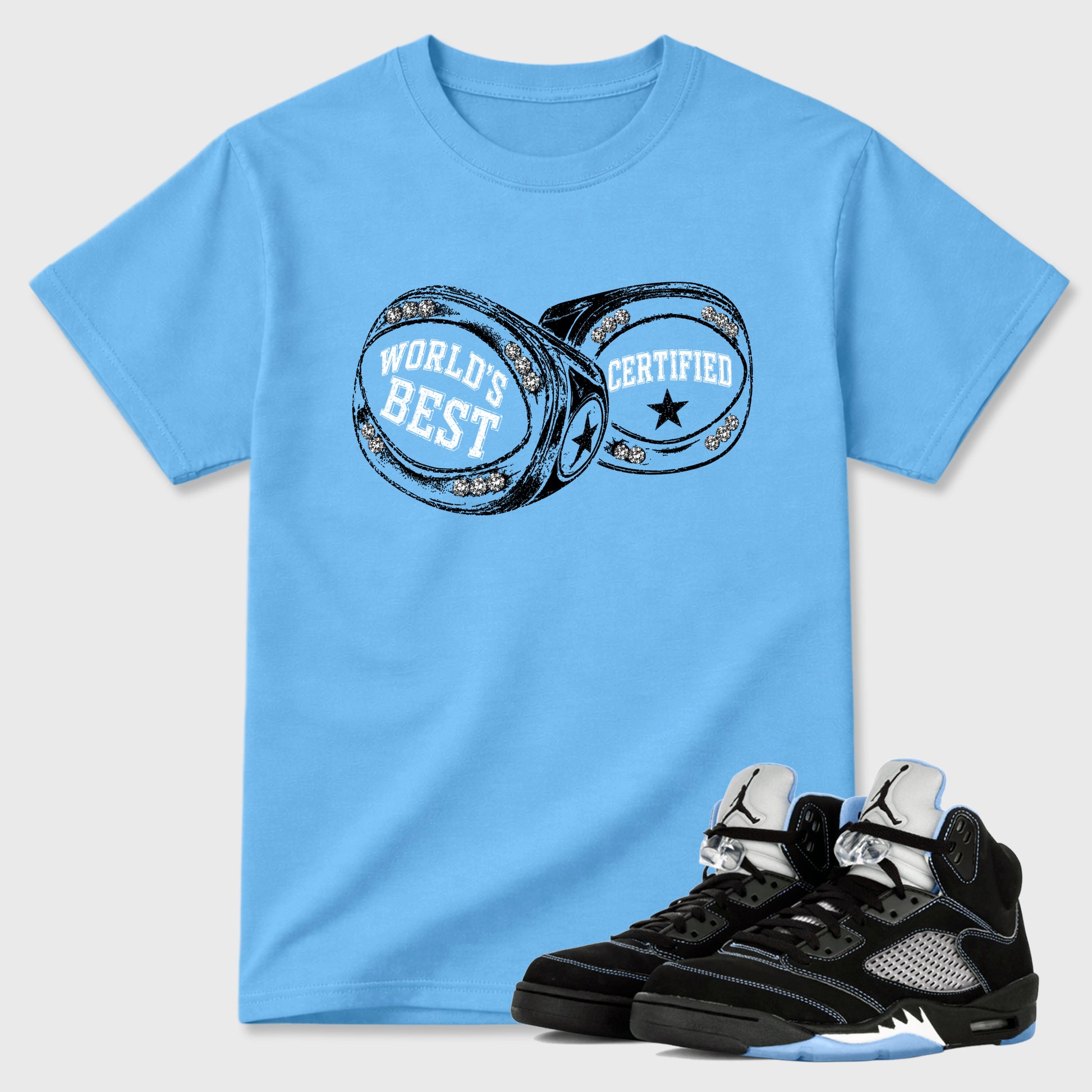 World's Best Certified Graphic T-Shirt sneaker match tee designed for the Air Jordan 5 Black Carolina, featuring coordinated color options for a perfect streetwear match. Carolina Blue 1 shirt.