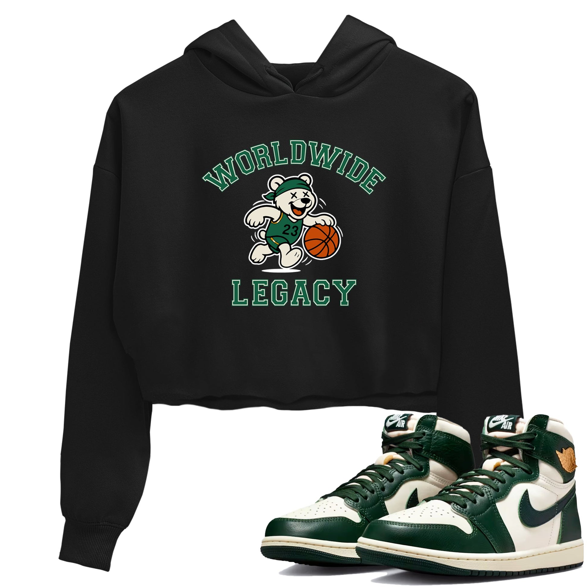 Sneaker Threads – Sneaker Tees To Match Air Jordan 1 Pro Green – Worldwide Legacy Crop Tee Black 1. Perfect for Jordan releases 2025 colorways.