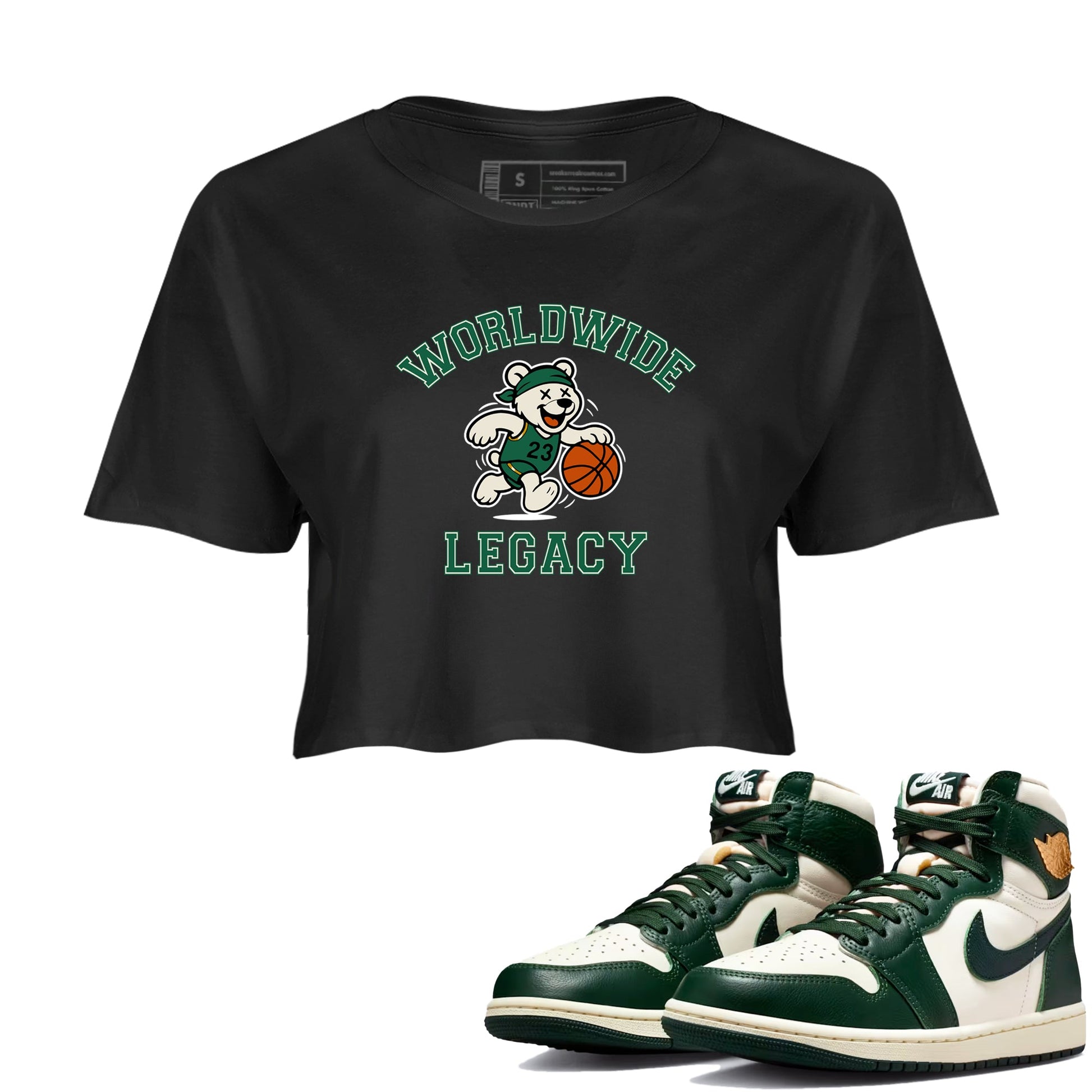 Sneaker Threads – Sneaker Tees To Match Air Jordan 1 Pro Green – Worldwide Legacy Crop Tee Black 1. Perfect for Jordan releases 2025 colorways.
