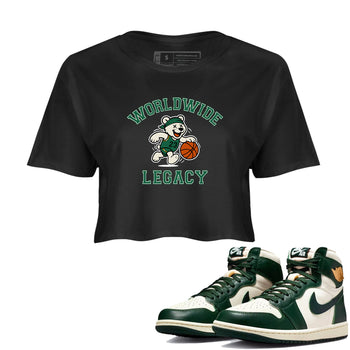 Sneaker Threads – Sneaker Tees To Match Air Jordan 1 Pro Green – Worldwide Legacy Crop Tee Black 1. Perfect for Jordan releases 2025 colorways.