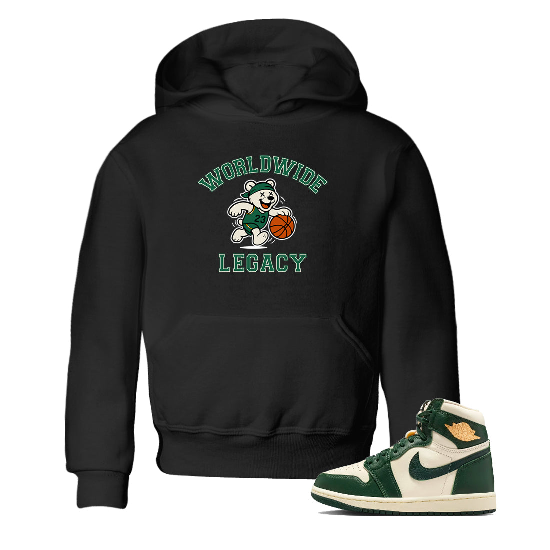 Sneaker Threads – Sneaker Tees To Match Air Jordan 1 Pro Green – Worldwide Legacy Youth Graphic Tee Black 1. Perfect for Jordan releases 2025 colorways.