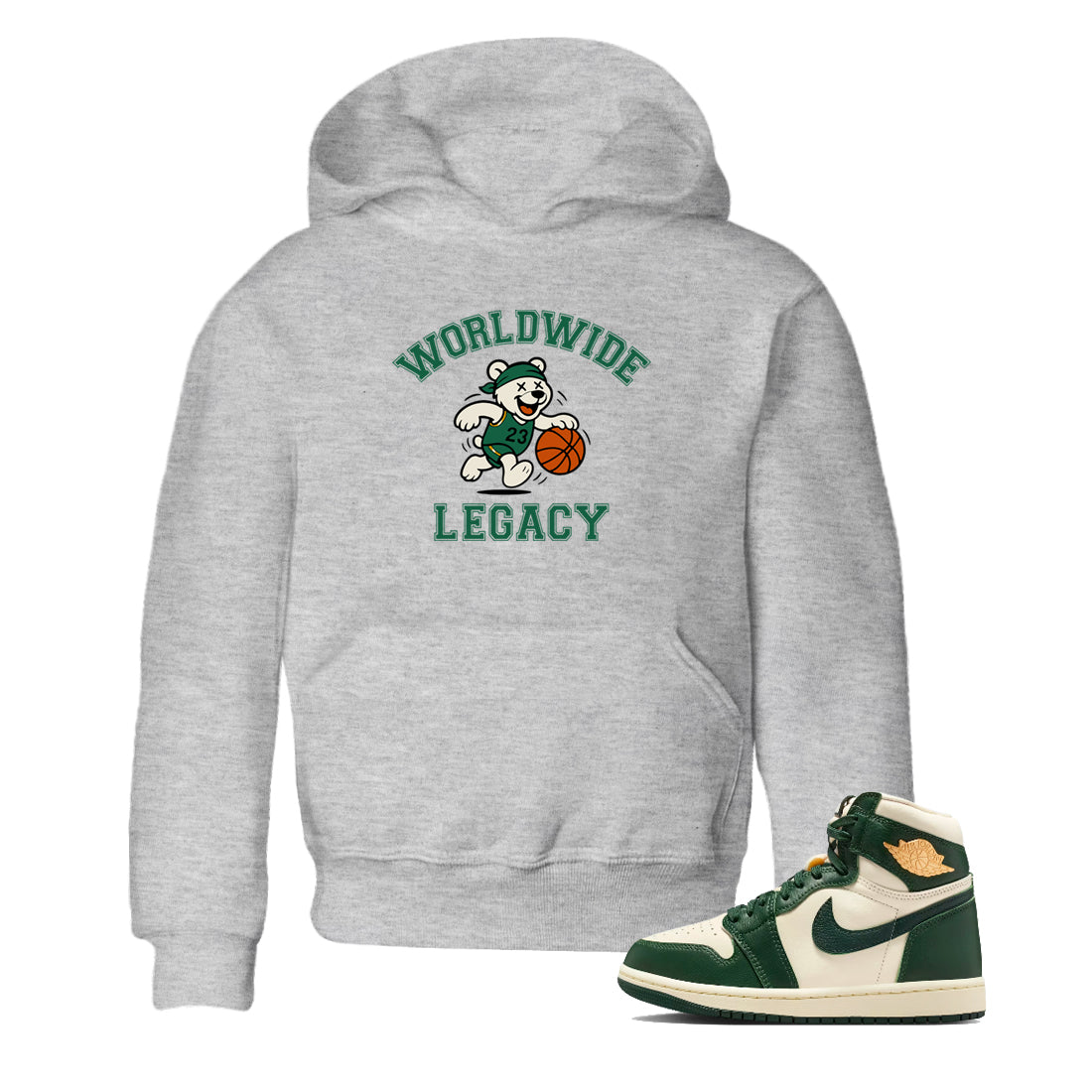 Sneaker Threads – Sneaker Tees To Match Air Jordan 1 Pro Green – Worldwide Legacy Youth Graphic Tee Heather Grey 1. Perfect for Jordan releases 2025 colorways.