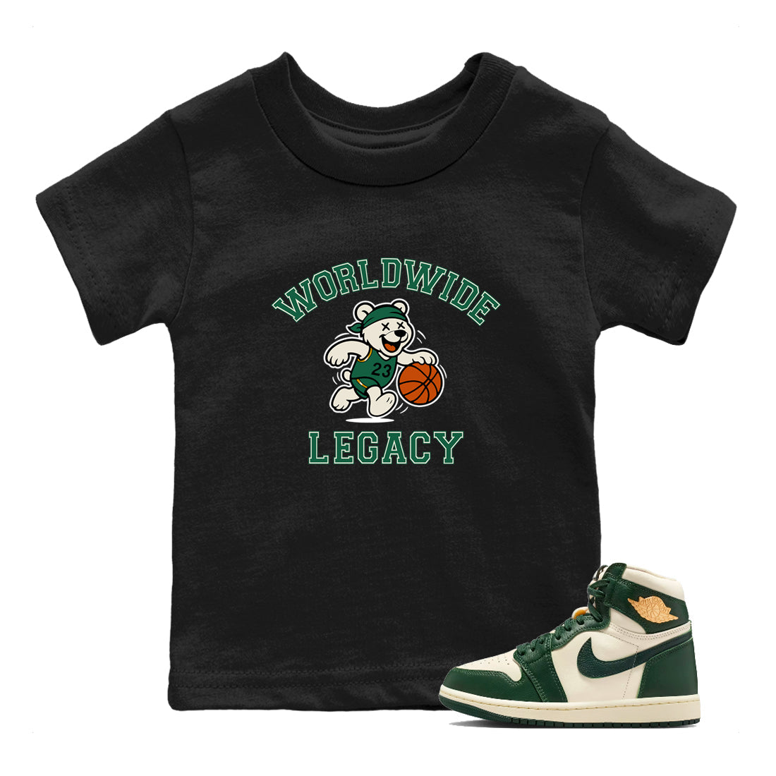 Sneaker Threads – Sneaker Tees To Match Air Jordan 1 Pro Green – Worldwide Legacy Youth Graphic Tee Black 1. Perfect for Jordan releases 2025 colorways.