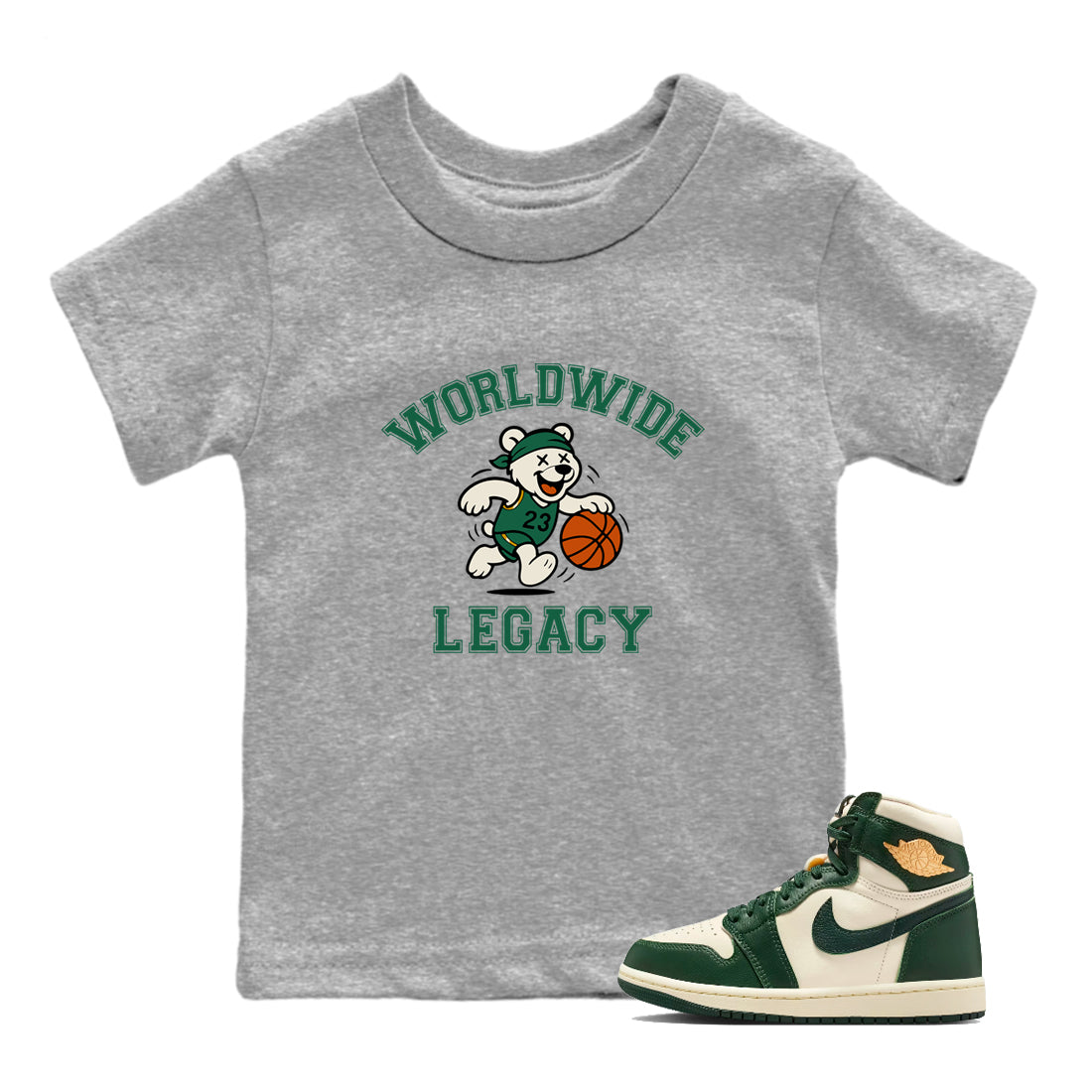 Sneaker Threads – Sneaker Tees To Match Air Jordan 1 Pro Green – Worldwide Legacy Youth Graphic Tee Heather Grey 1. Perfect for Jordan releases 2025 colorways.