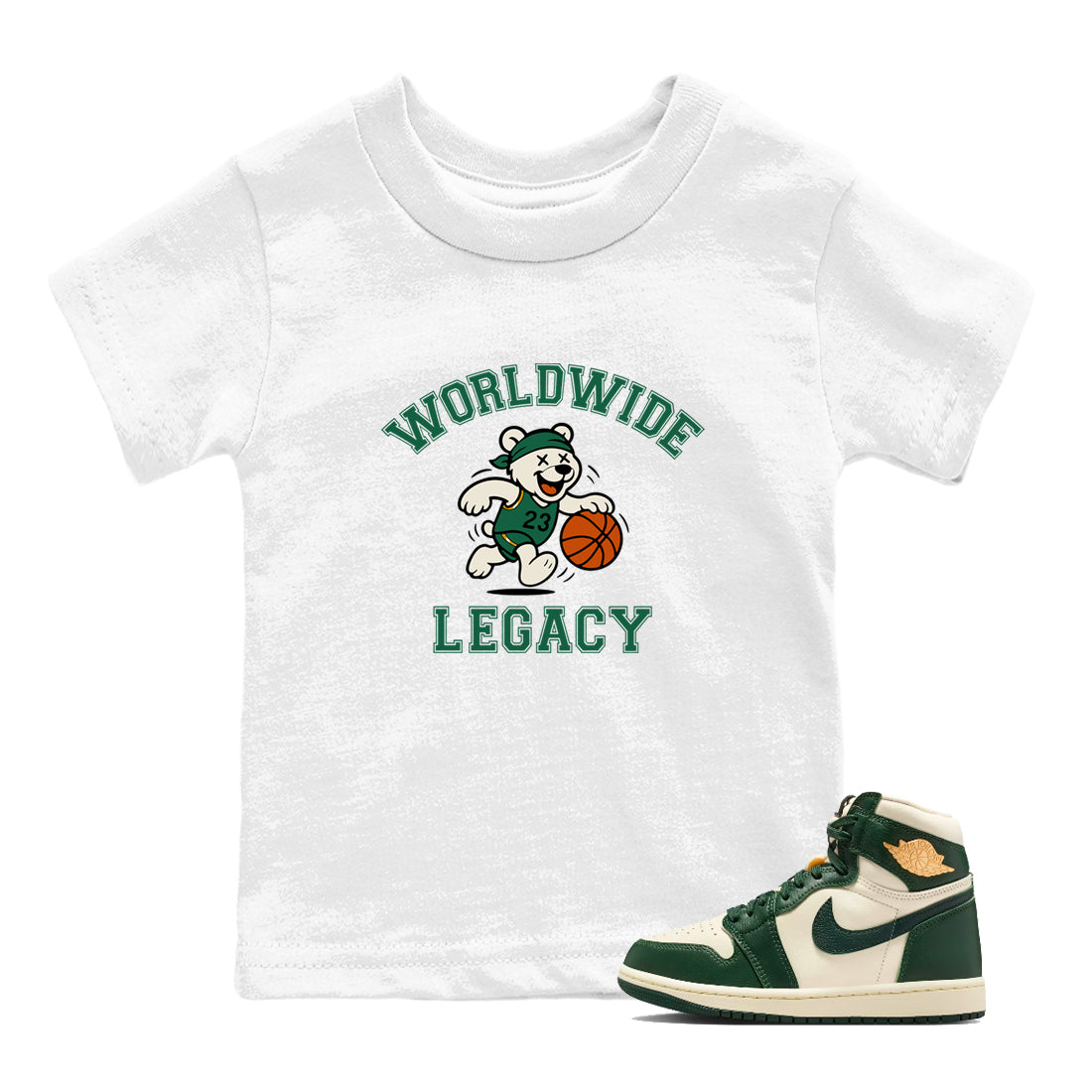 Sneaker Threads – Sneaker Tees To Match Air Jordan 1 Pro Green – Worldwide Legacy Youth Graphic Tee White 1. Perfect for Jordan releases 2025 colorways.