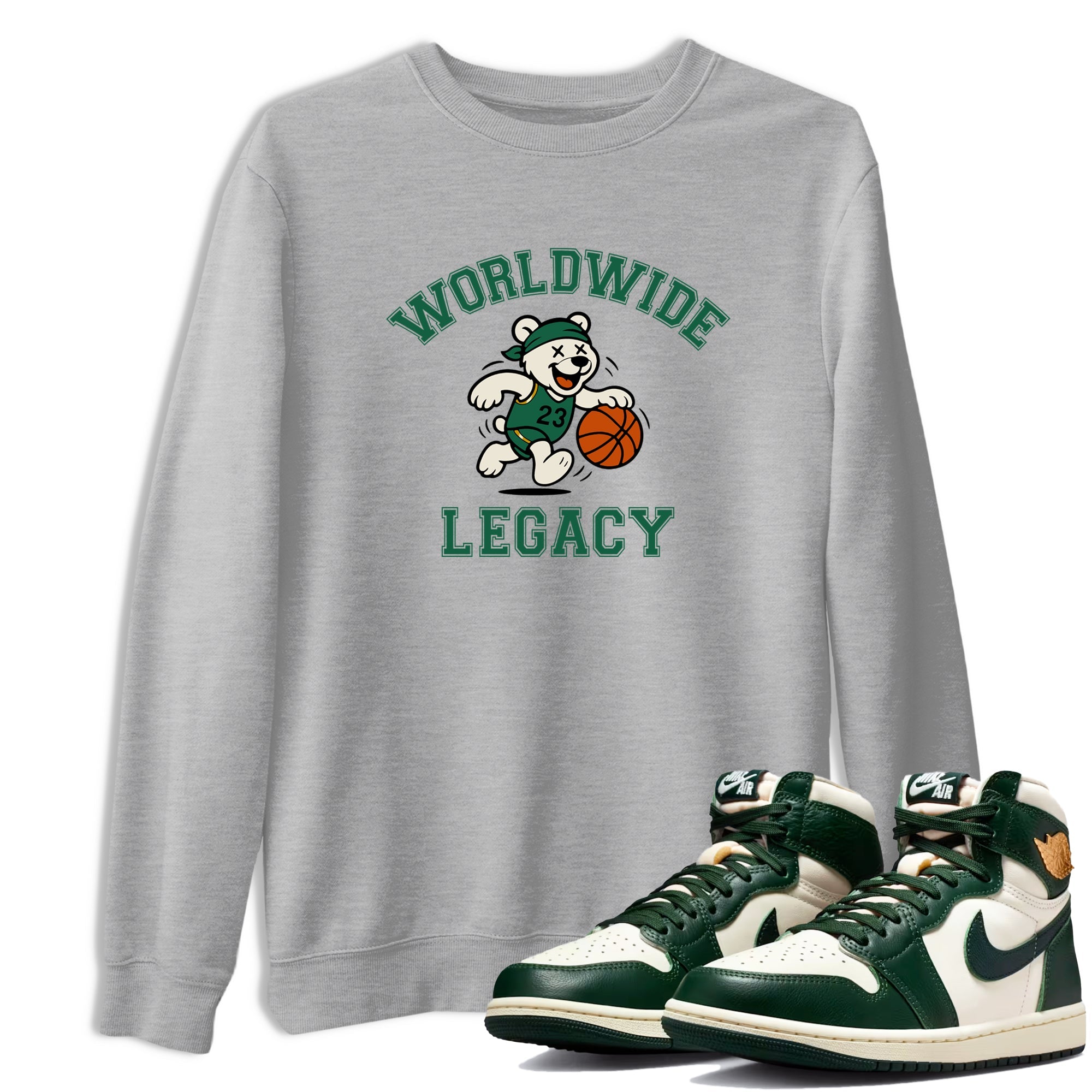 Sneaker Threads – Sneaker Tees To Match Air Jordan 1 Pro Green – Worldwide Legacy Graphic Tee Heather Grey 1. Perfect for Jordan releases 2025 colorways.