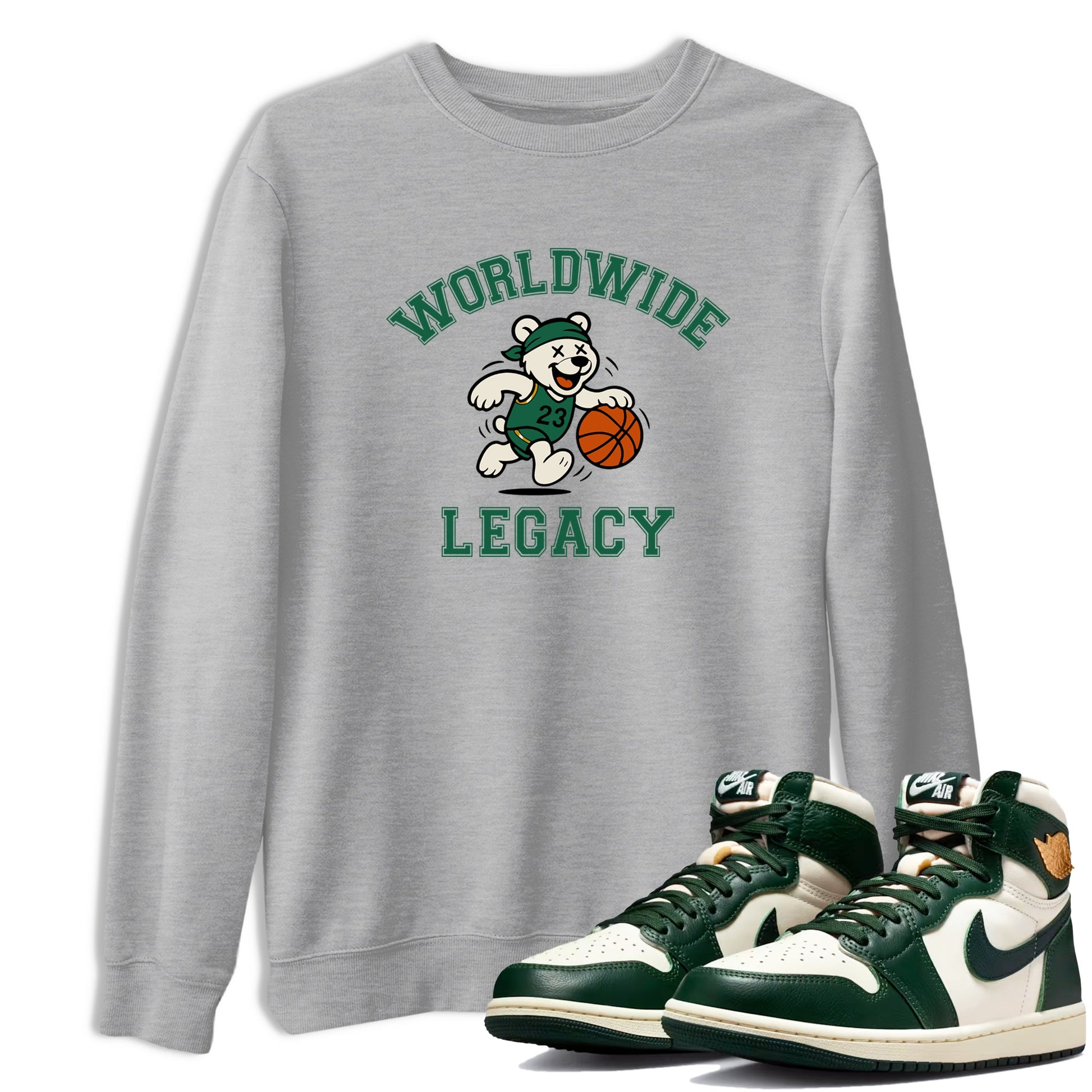 Sneaker Threads – Sneaker Tees To Match Air Jordan 1 Pro Green – Worldwide Legacy Graphic Tee Heather Grey 1. Perfect for Jordan releases 2025 colorways.