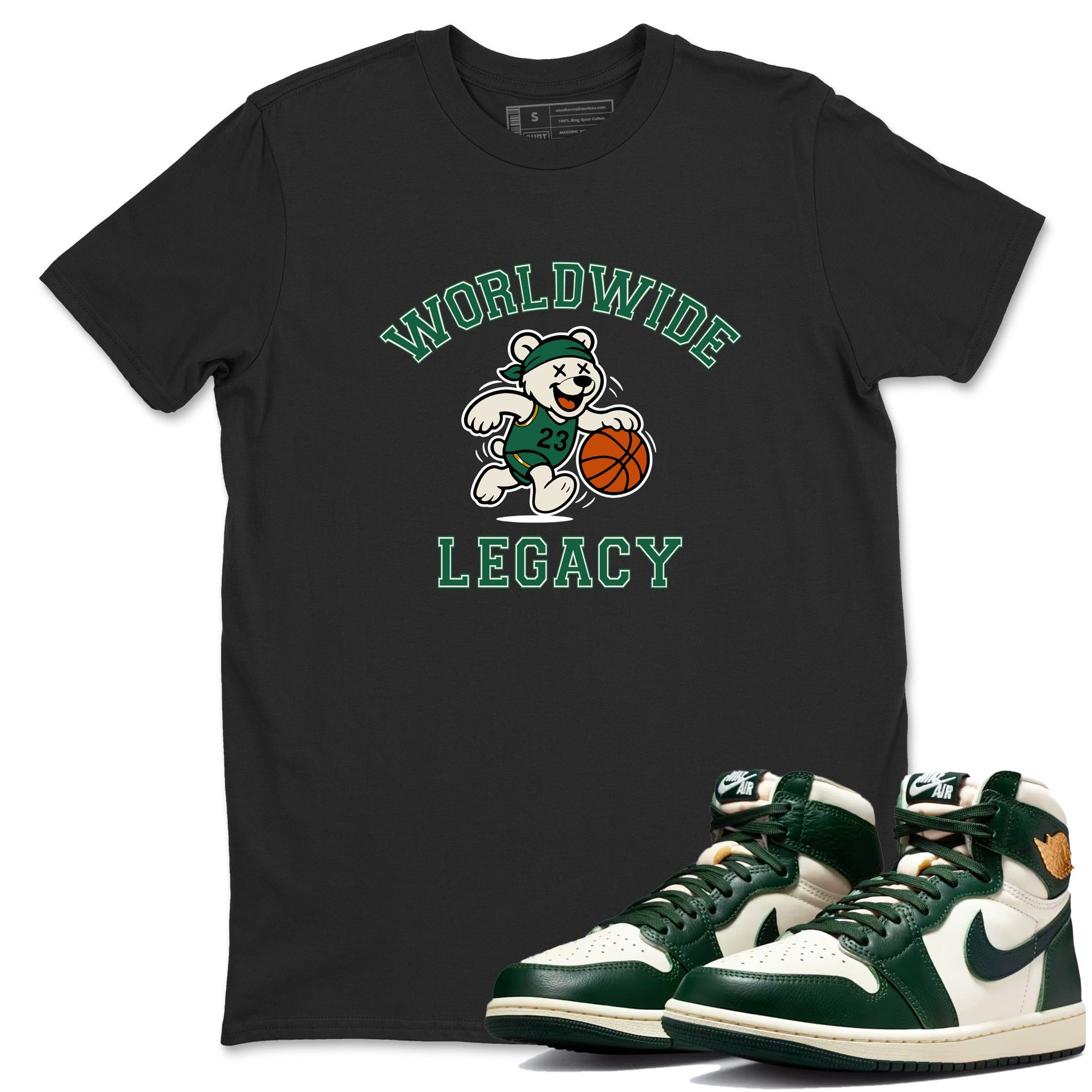 Sneaker Threads – Sneaker Tees To Match Air Jordan 1 Pro Green – Worldwide Legacy Graphic Tee Black 1. Perfect for Jordan releases 2025 colorways.