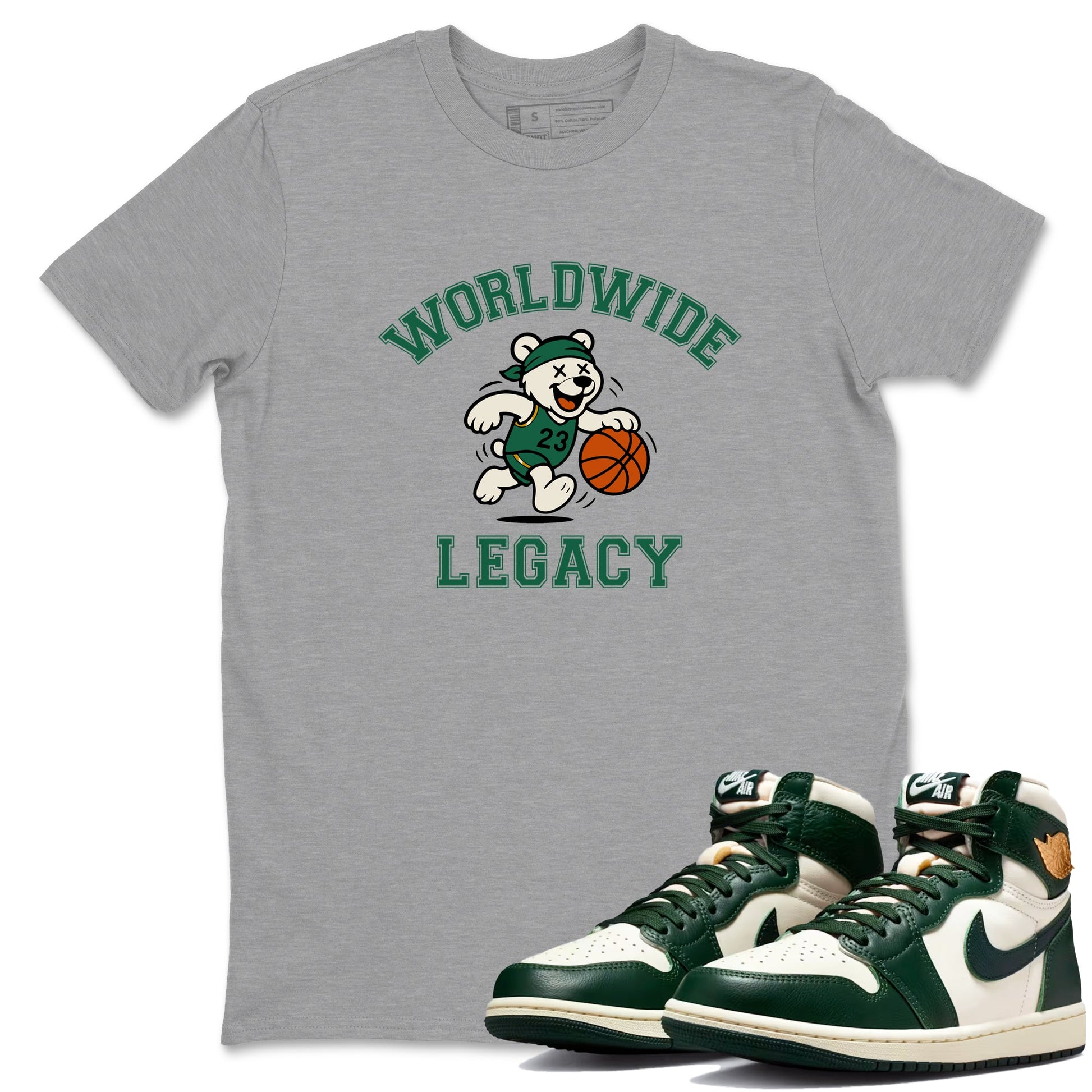 Sneaker Threads – Sneaker Tees To Match Air Jordan 1 Pro Green – Worldwide Legacy Graphic Tee Heather Grey 1. Perfect for Jordan releases 2025 colorways.