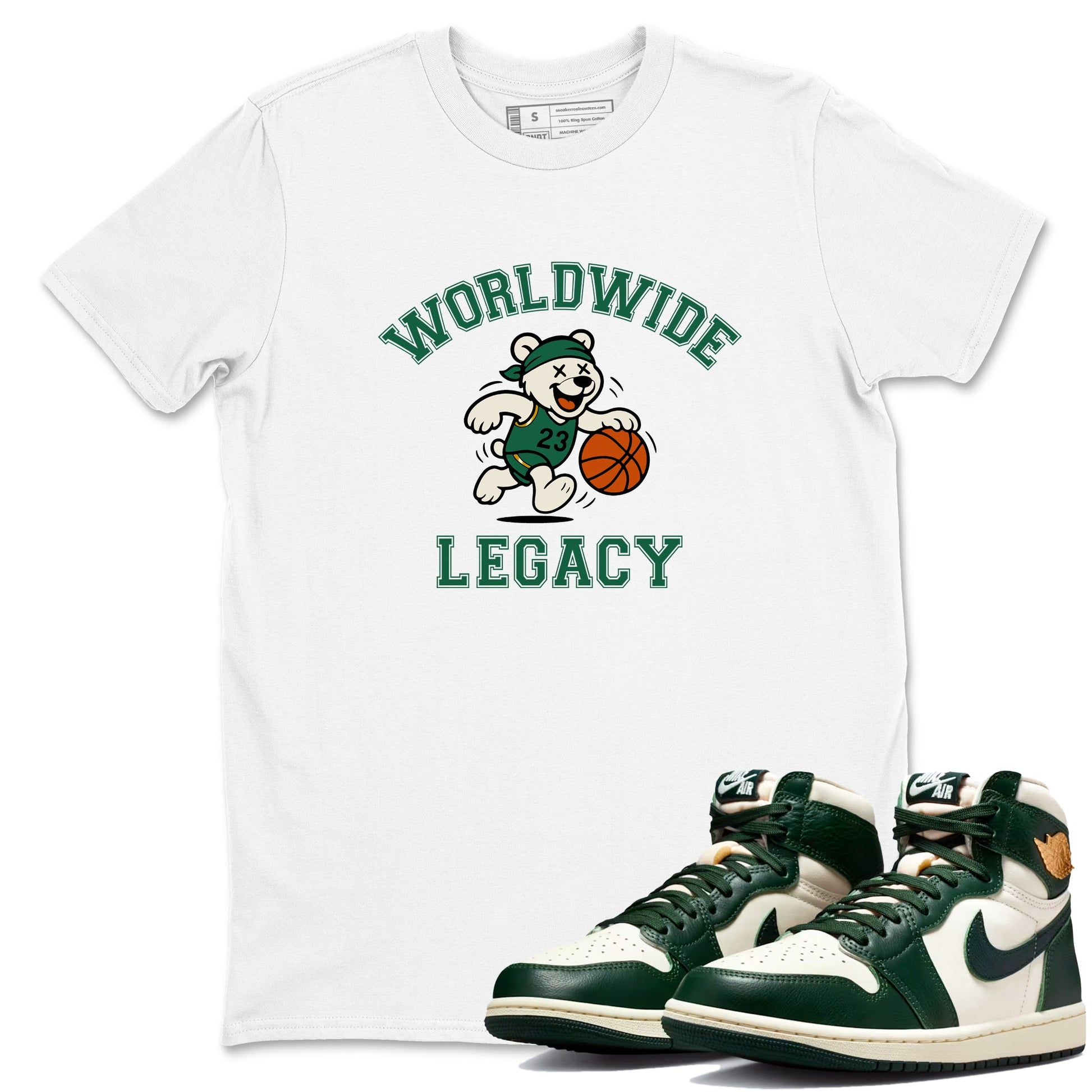 Sneaker Threads – Sneaker Tees To Match Air Jordan 1 Pro Green – Worldwide Legacy Graphic Tee White 1. Perfect for Jordan releases 2025 colorways.