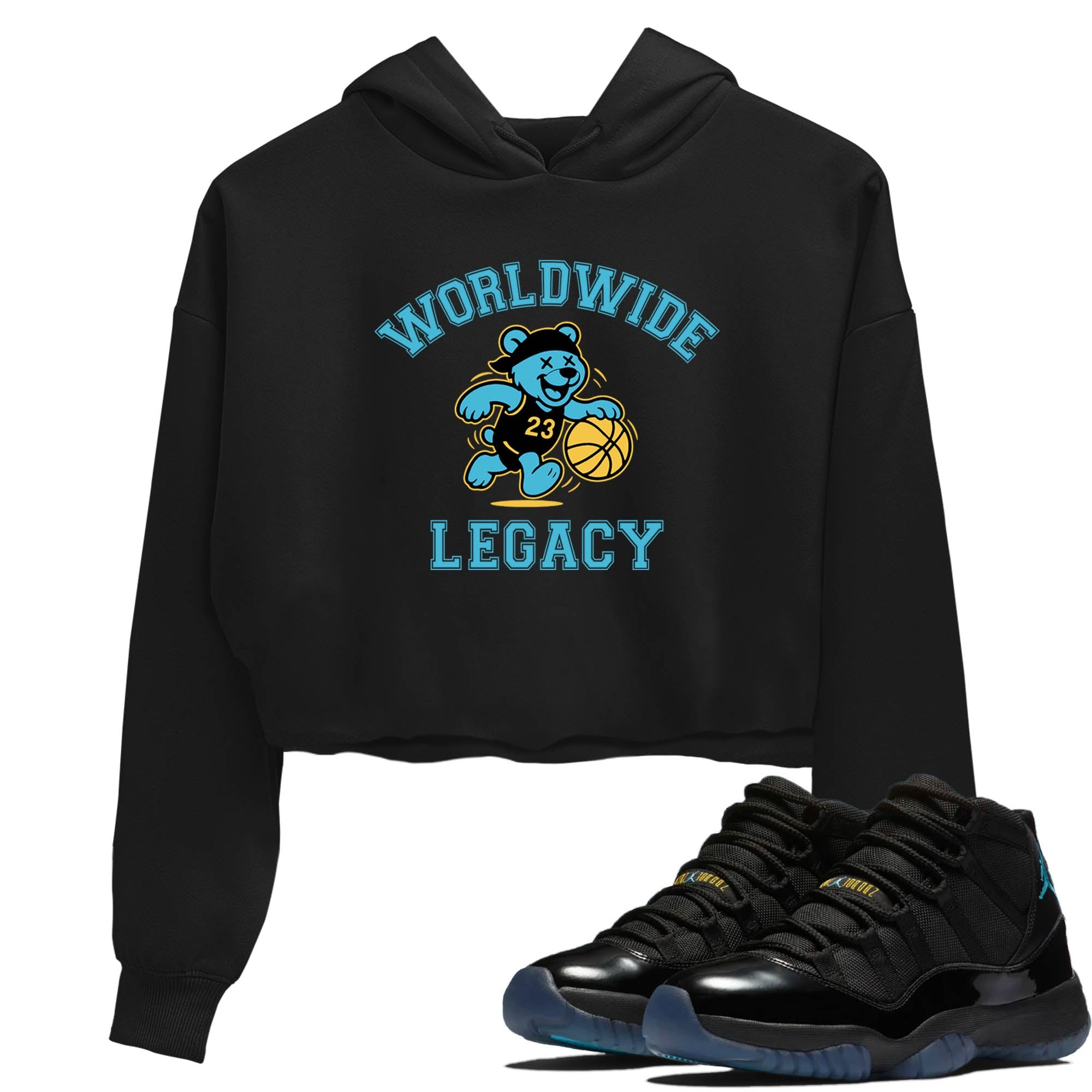 Sneaker Threads – Sneaker Tees To Match Air Jordan 11 Retro Gamma – Worldwide Legacy Crop Tee Black 1. Perfect for Jordan releases 2025 colorways.