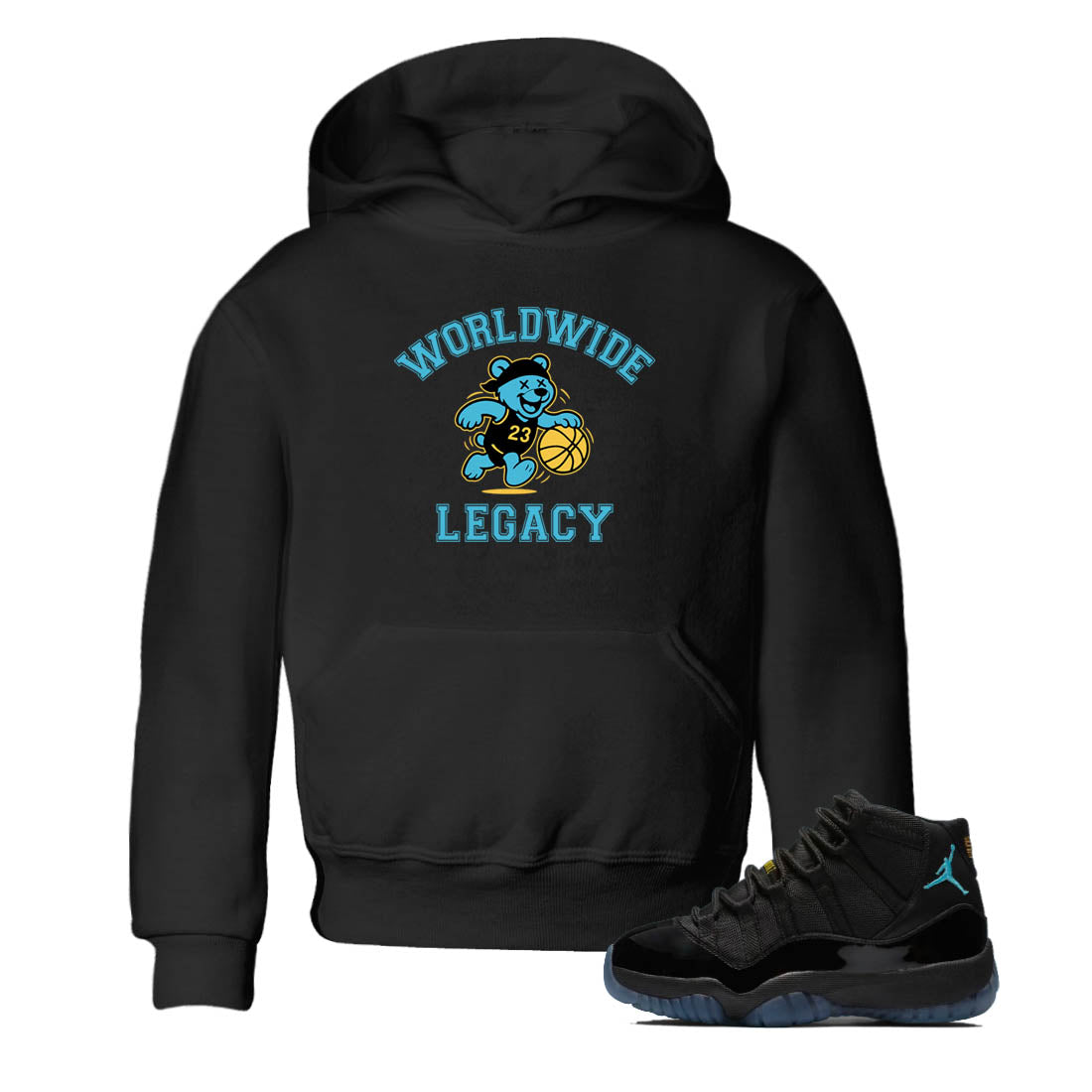 Sneaker Threads – Sneaker Tees To Match Air Jordan 11 Retro Gamma – Worldwide Legacy Youth Graphic Tee Black 1. Perfect for Jordan releases 2025 colorways.