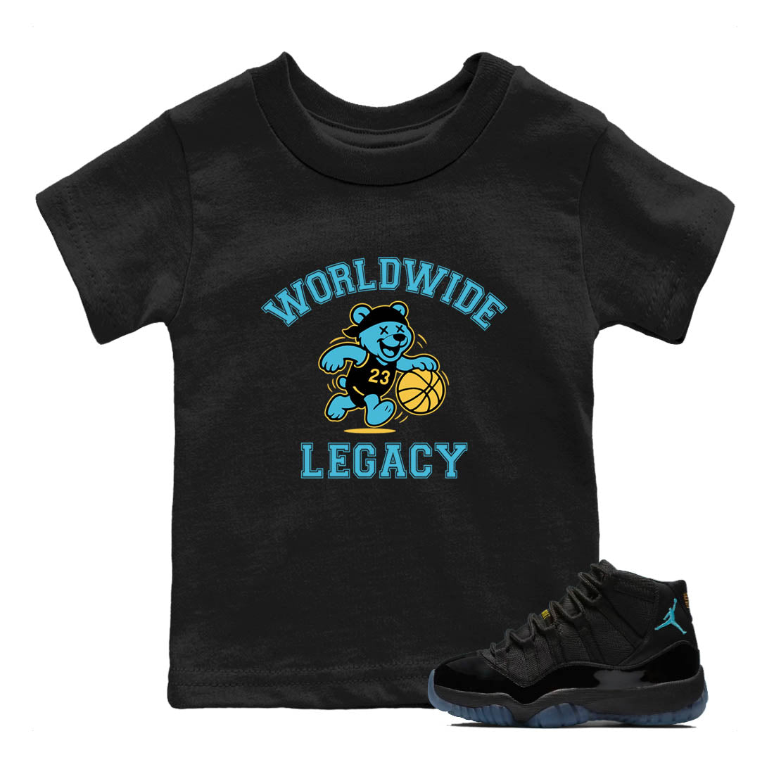 Sneaker Threads – Sneaker Tees To Match Air Jordan 11 Retro Gamma – Worldwide Legacy Youth Graphic Tee Black 1. Perfect for Jordan releases 2025 colorways.
