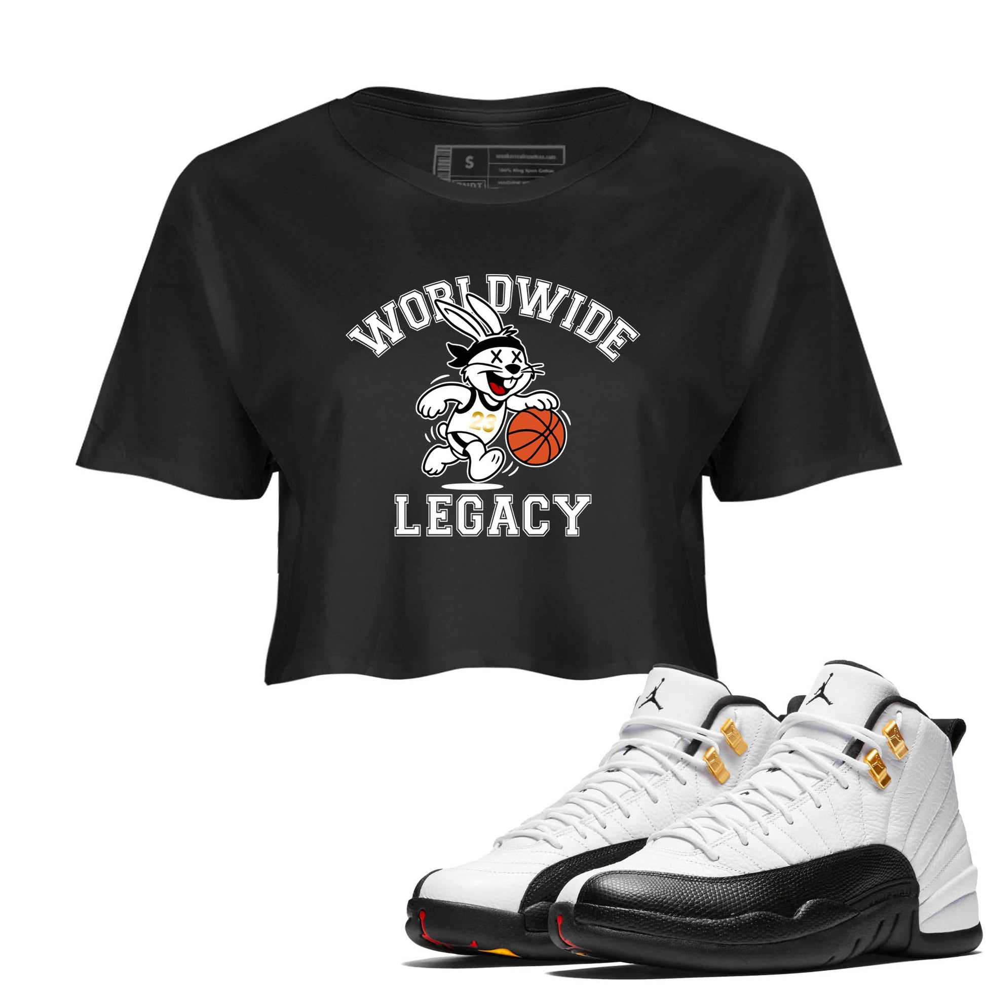 Sneaker Threads – Sneaker Tees To Match Air Jordan 12 Taxi – Worldwide Legacy Crop Tee Black 1. Perfect for Jordan releases 2025 colorways.