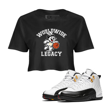 Sneaker Threads – Sneaker Tees To Match Air Jordan 12 Taxi – Worldwide Legacy Crop Tee Black 1. Perfect for Jordan releases 2025 colorways.