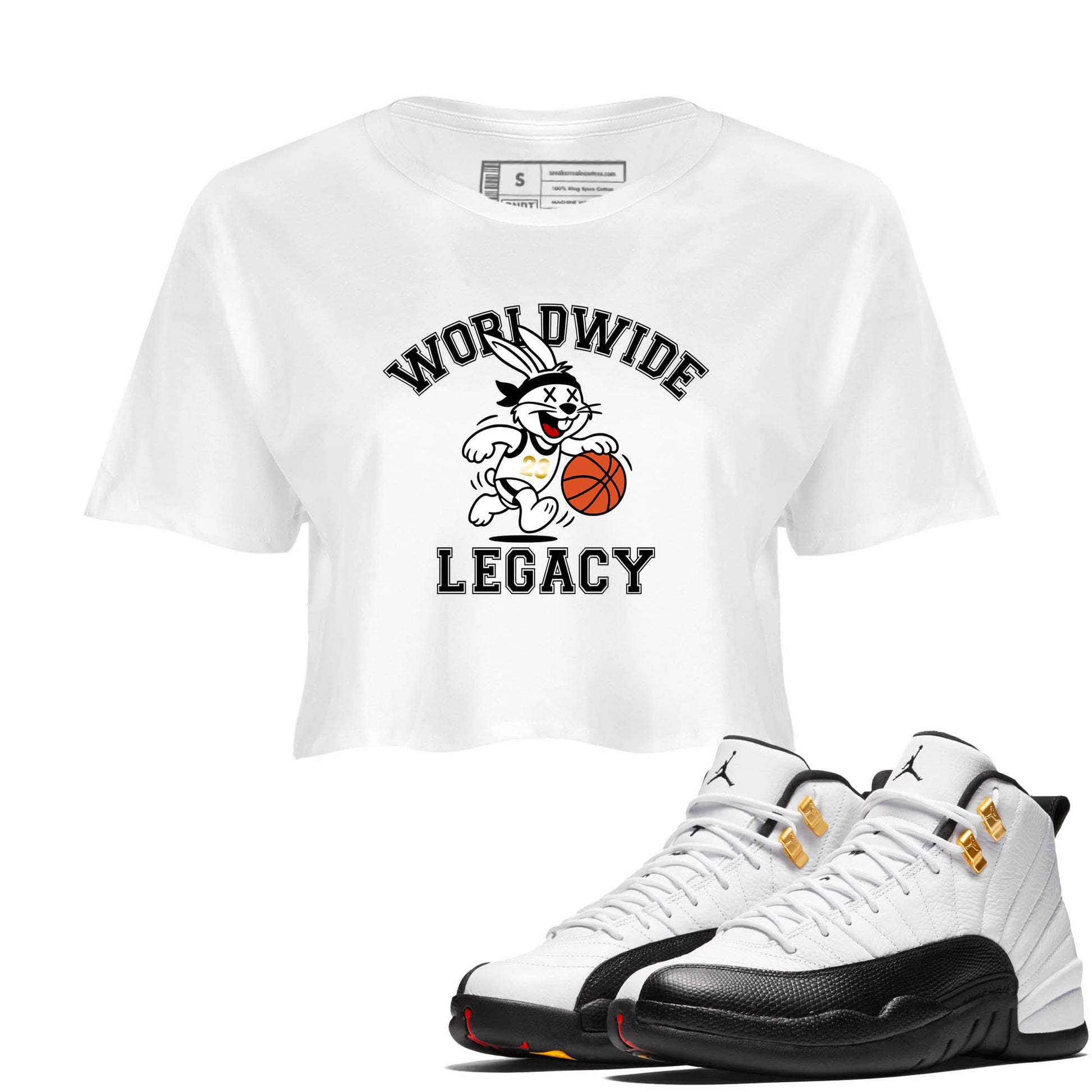 Sneaker Threads – Sneaker Tees To Match Air Jordan 12 Taxi – Worldwide Legacy Crop Tee White 1. Perfect for Jordan releases 2025 colorways.