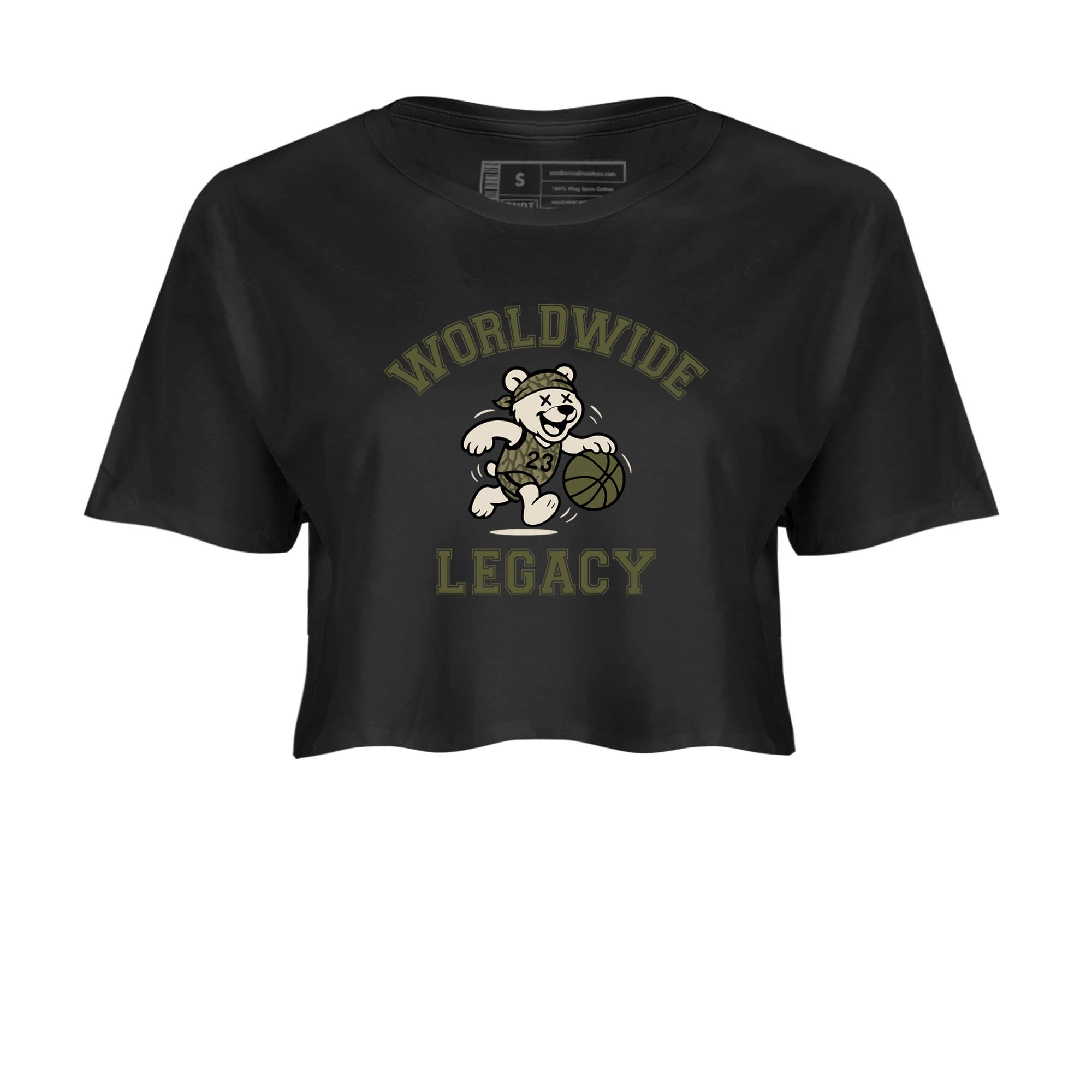Sneaker Threads – Sneaker Tees To Match Air Jordan 3 Medium Olive – Worldwide Legacy Crop Tee Black 2. Perfect for Jordan releases 2025 colorways.